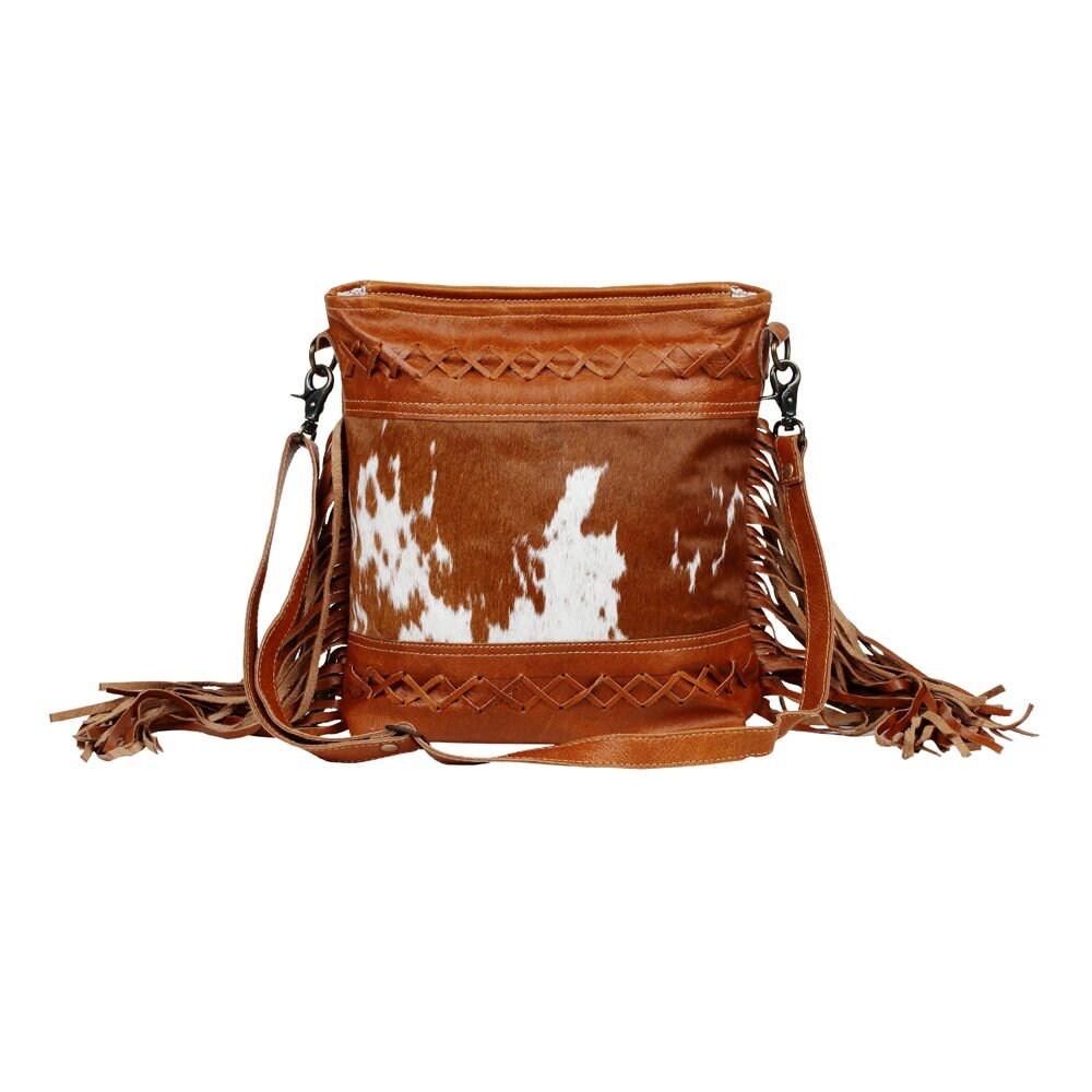 Custom Branded Cowhide Leather Bag with fringe Initials Farm or Cow brand