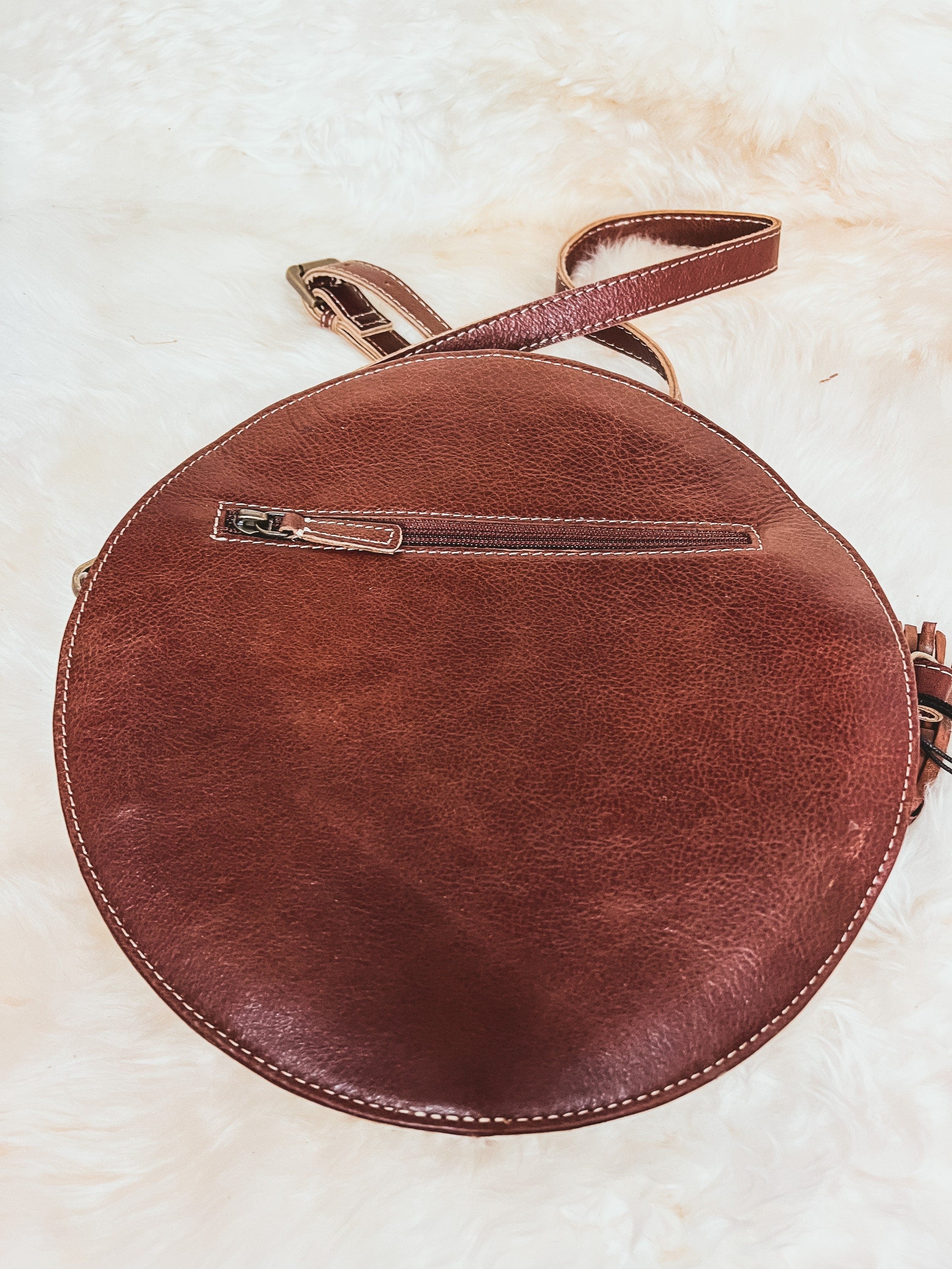 Custom Branded Cowhide Round Crossbody purse tooled leather Turquoise Flowers & White Whipstitch we add your farm cow brand logo initials