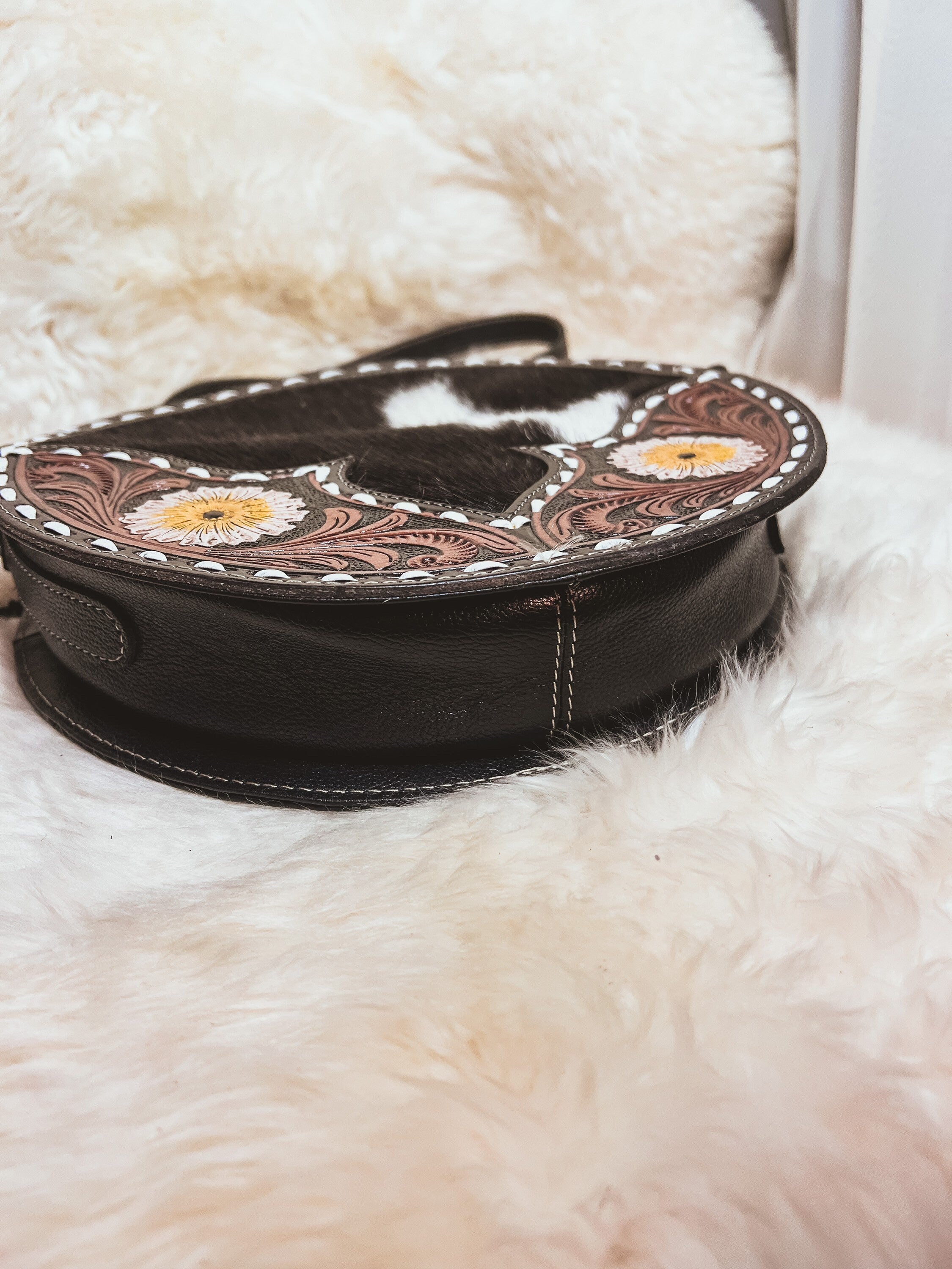 Custom branded cowhide Round Western Tooled Leather Crossbody bag