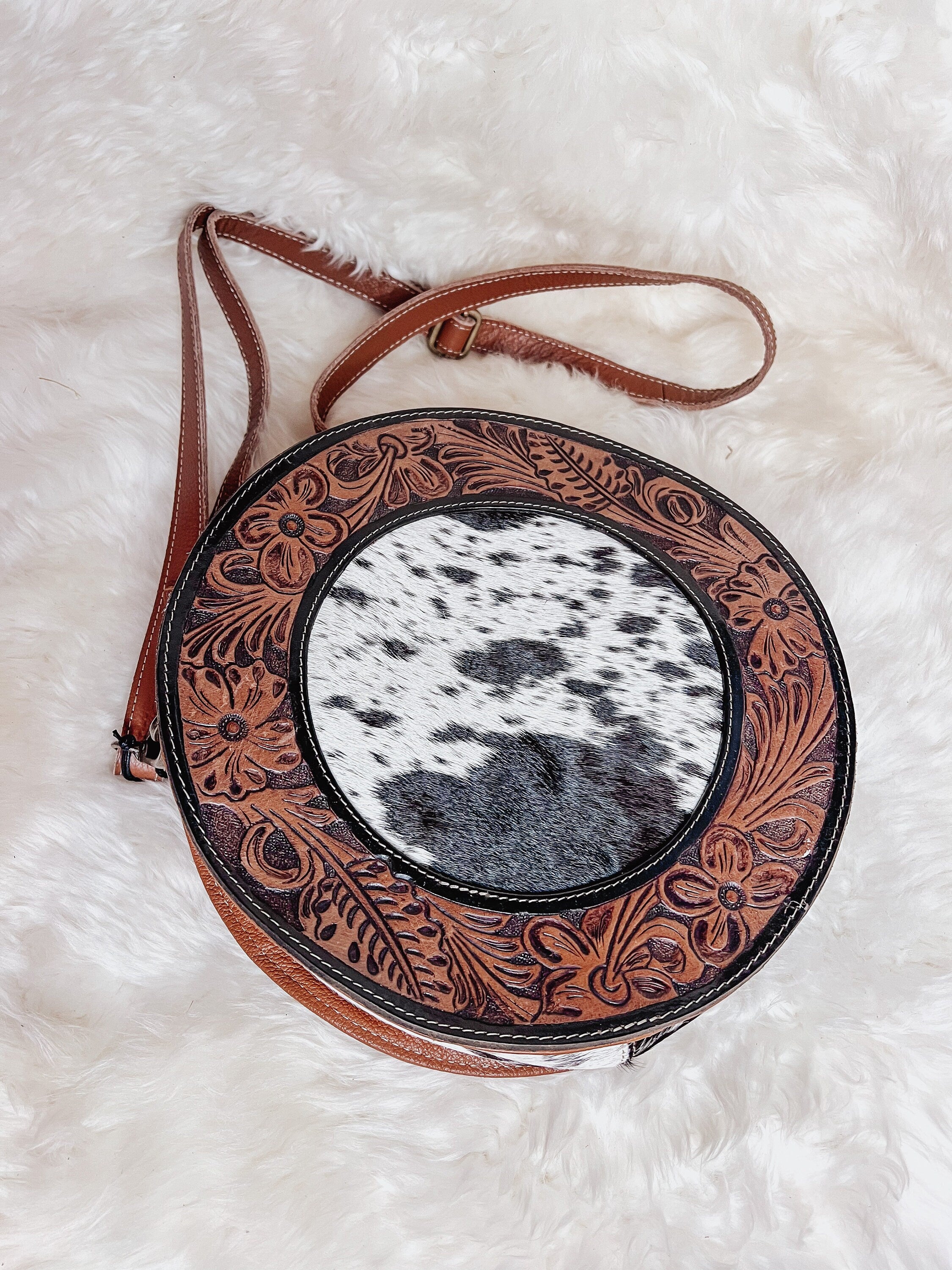 Custom Branded Cowhide tooled Leather Western Round Crossbody Purse Initials Monogram Farm or Cow Brand