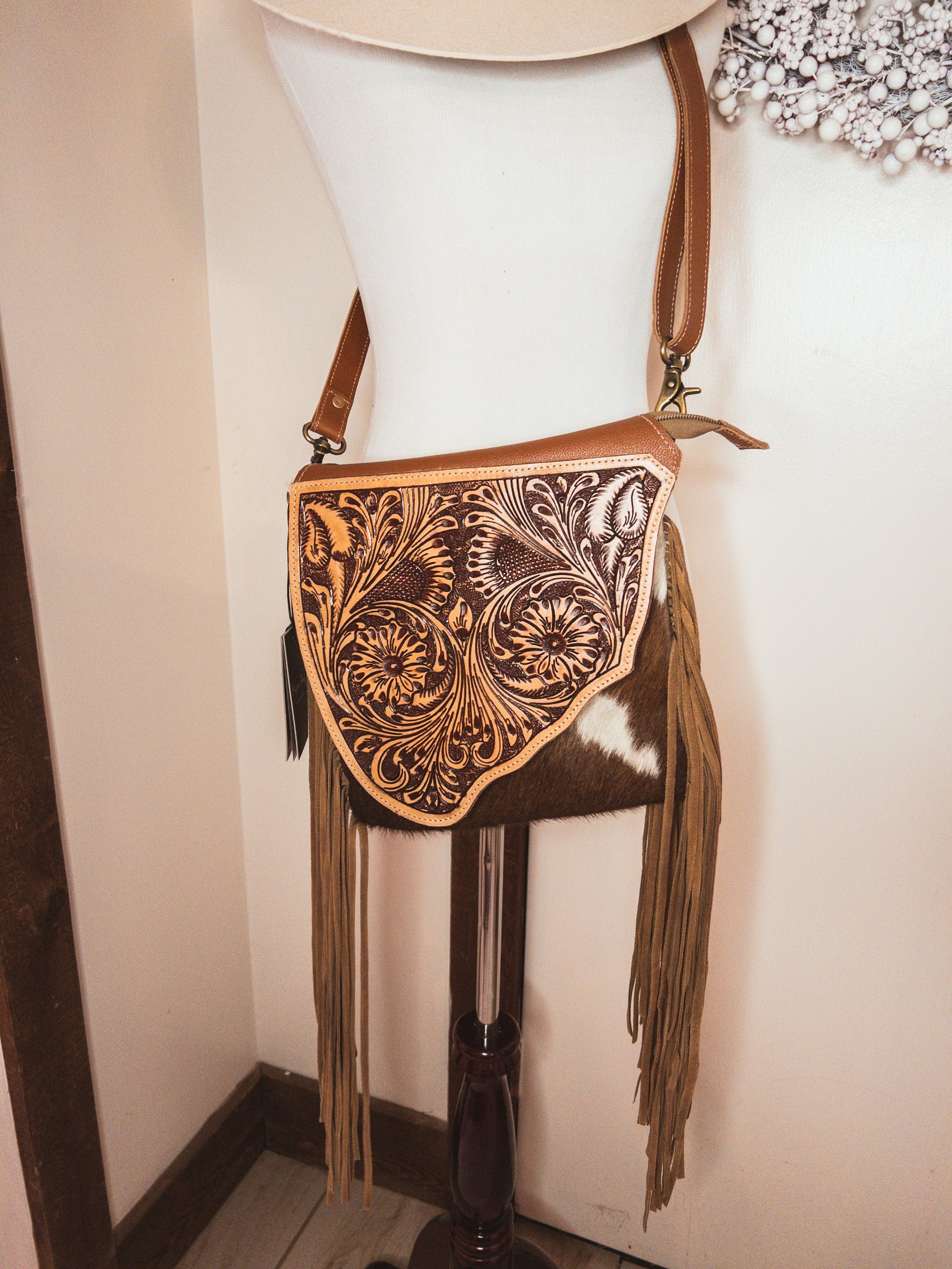 Custom Branded Tooled Leather Concealed Carry Cowhide Crossbody Purse Gifts for her Western Cowgirl Style