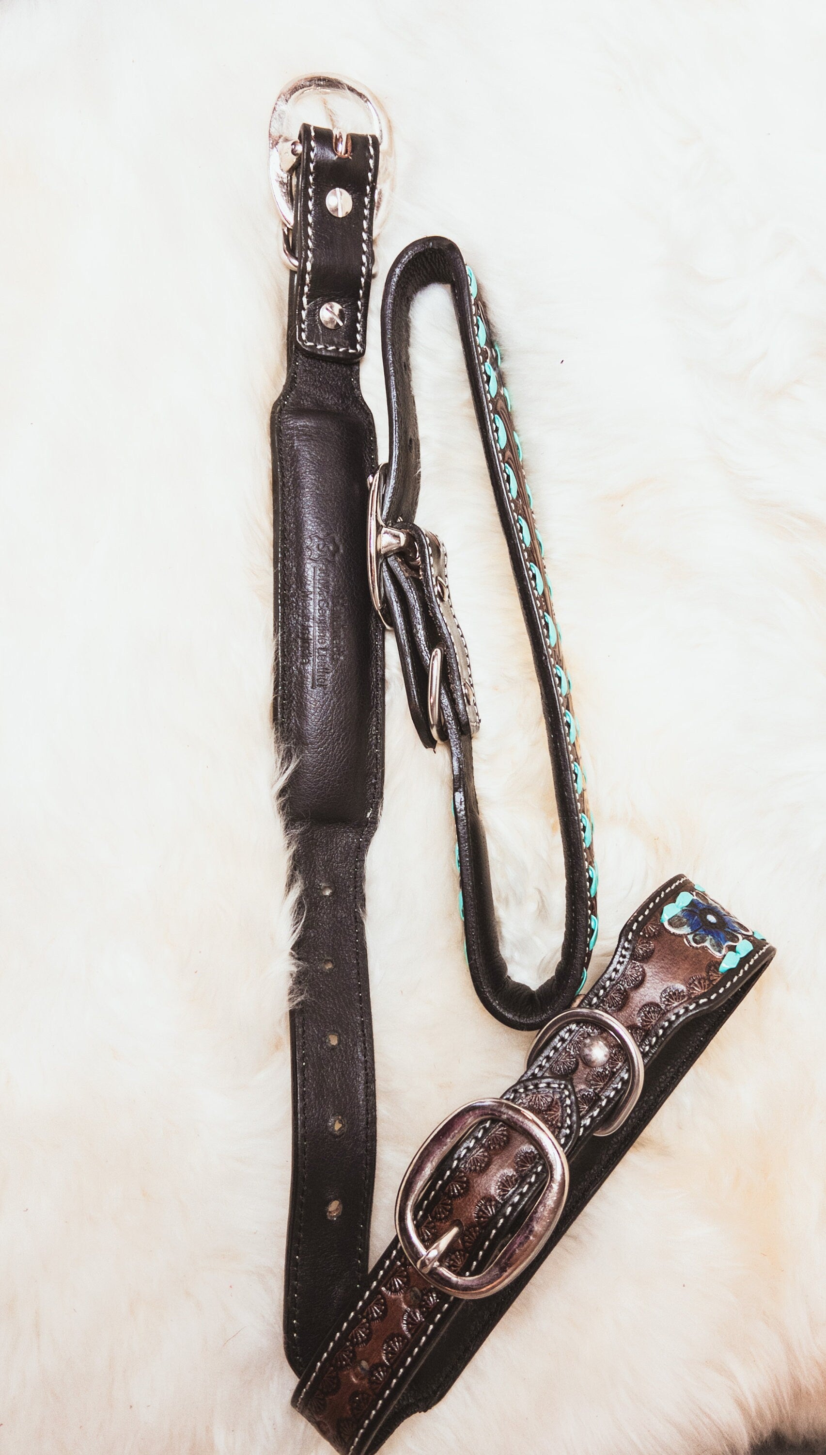 Hand Tooled Turquoise & Sunflower Western style Leather Dog Collar Farm Dog Cattle Dog