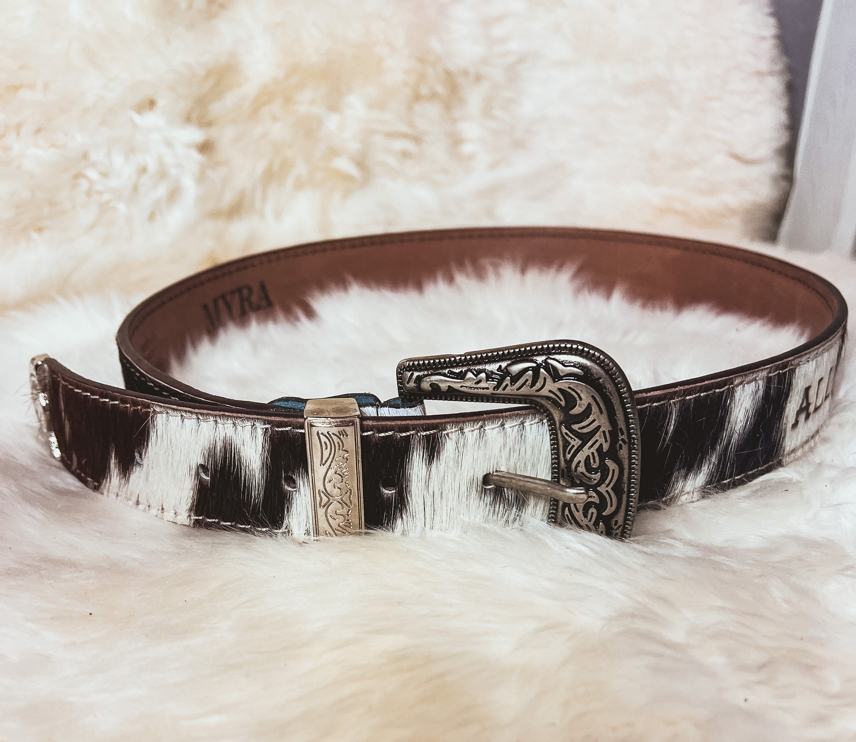 Custom Farm Brand Name/Initials/Monogram Cowhide Western Leather Belt with silver buckle and tip