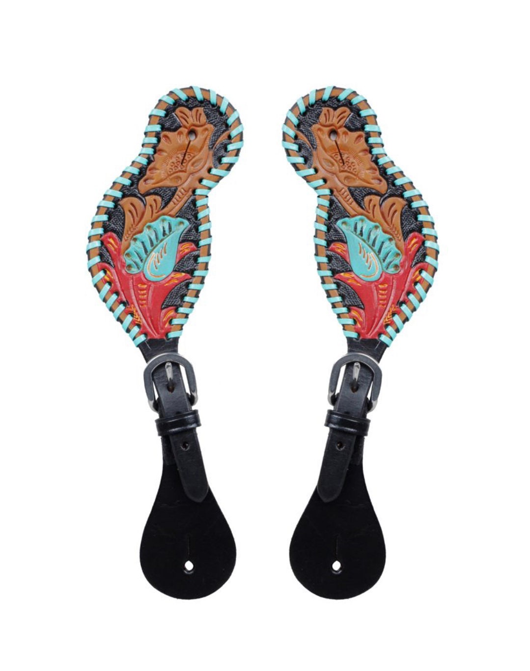 Western Hand Tooled Leather Spur Straps Turquoise Flower White Daisy Horse Tack Cowgirl