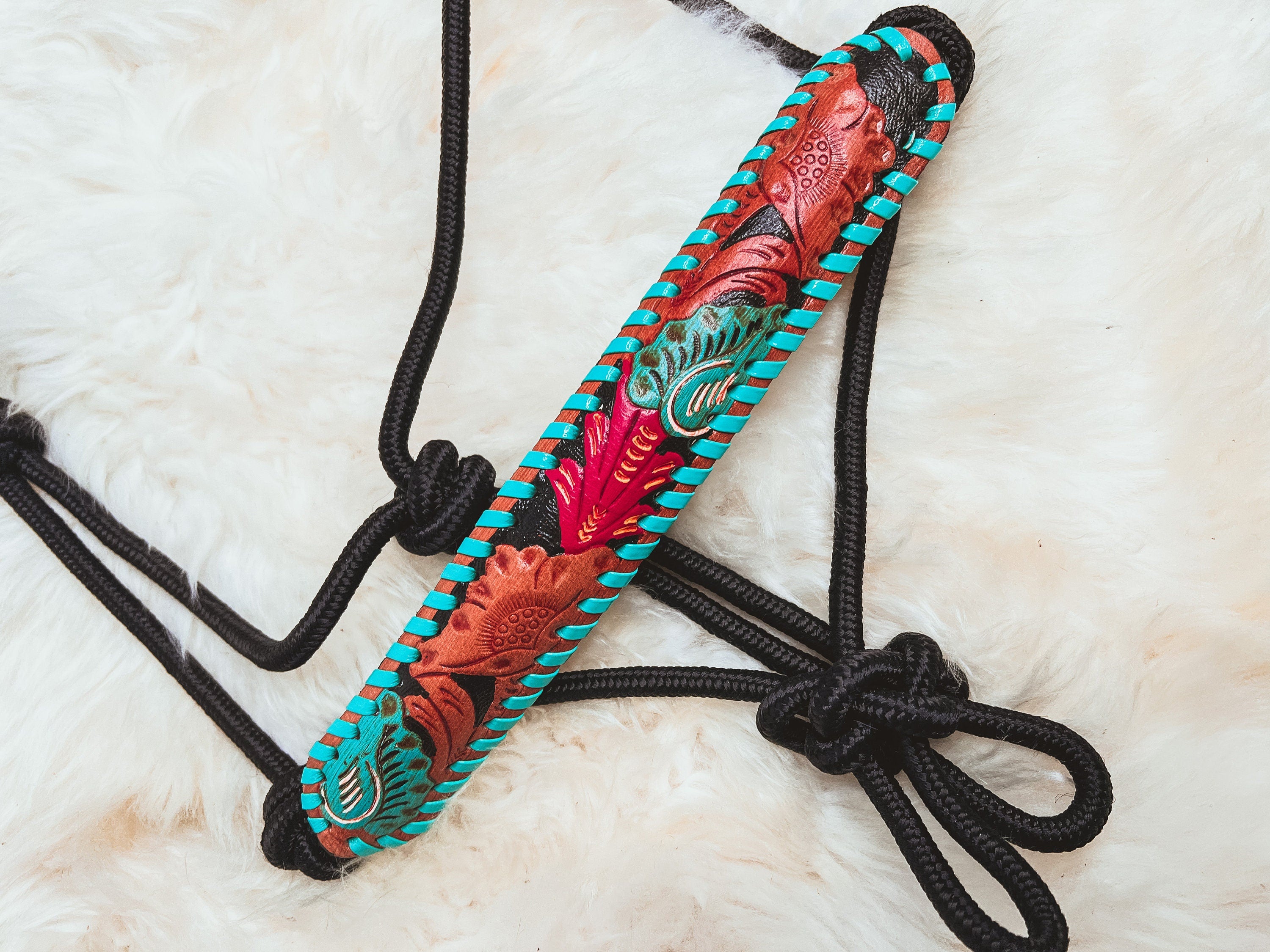 Hand Tooled Leather Adjustable Rope or Shipping Halter Horse Tack Red & Turquoise or White Daisy Pattern