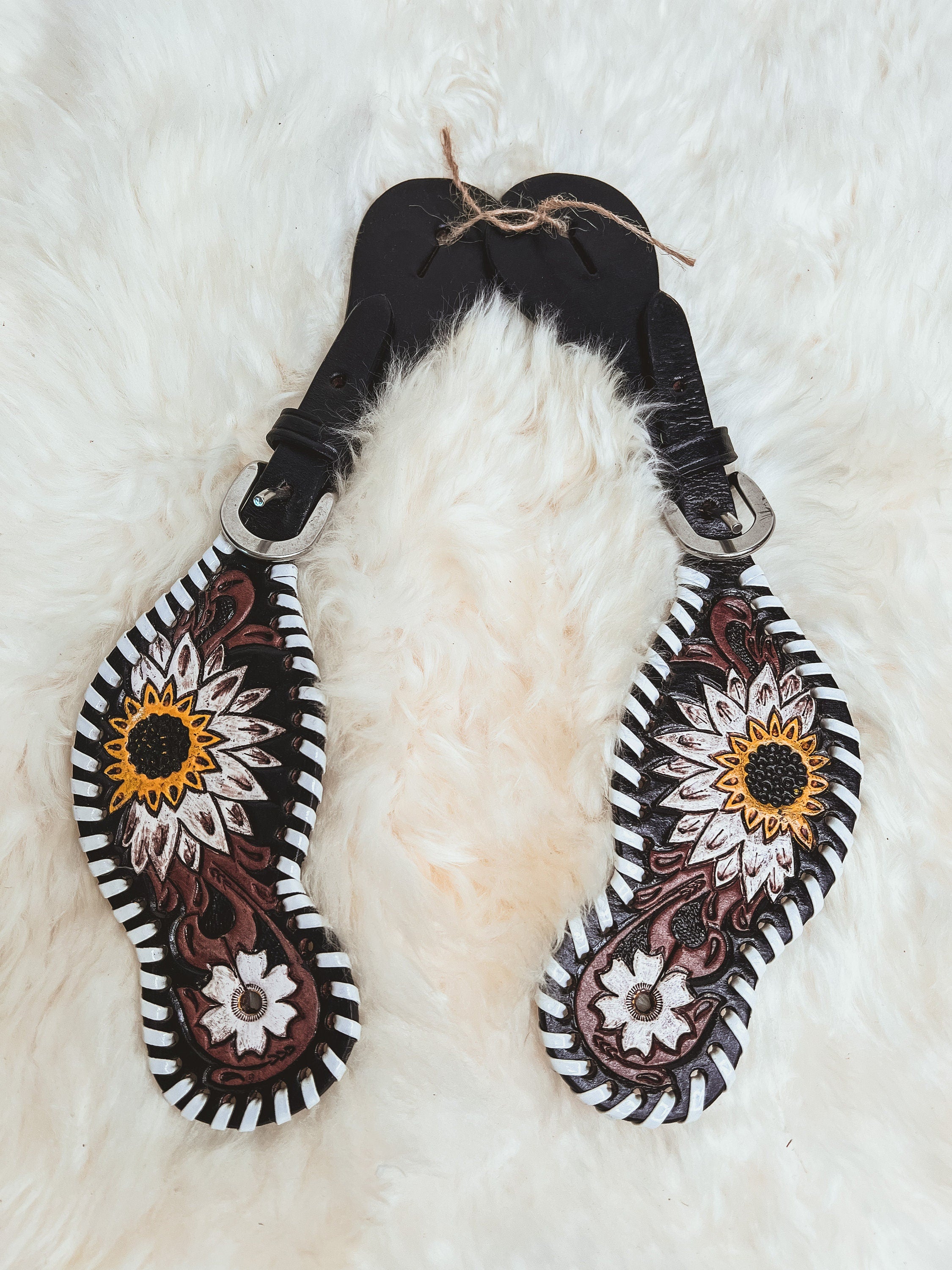 Western Hand Tooled Leather Spur Straps Turquoise Flower White Daisy Horse Tack Cowgirl