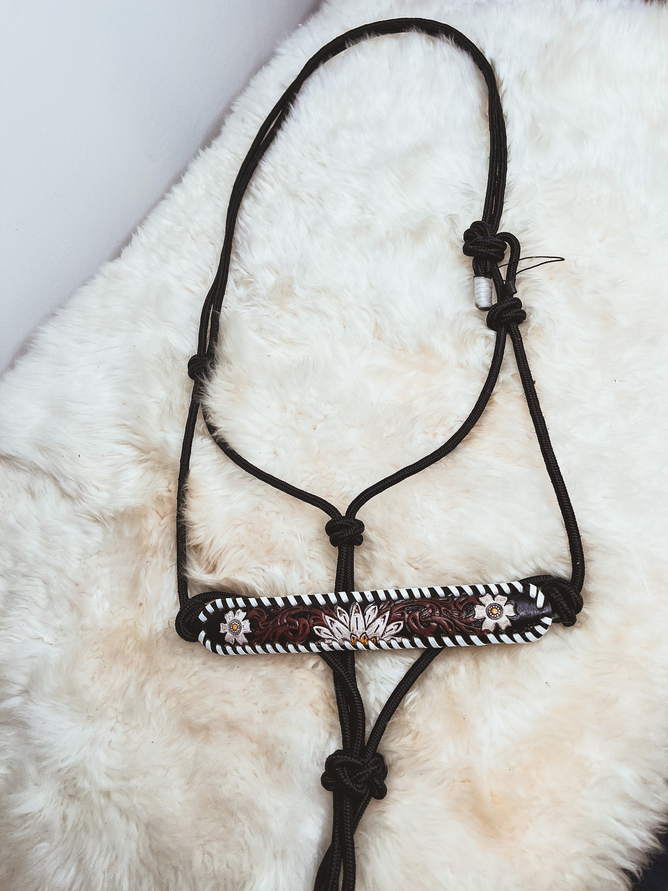 Hand Tooled Leather Adjustable Rope or Shipping Halter Horse Tack Red & Turquoise or White Daisy Pattern