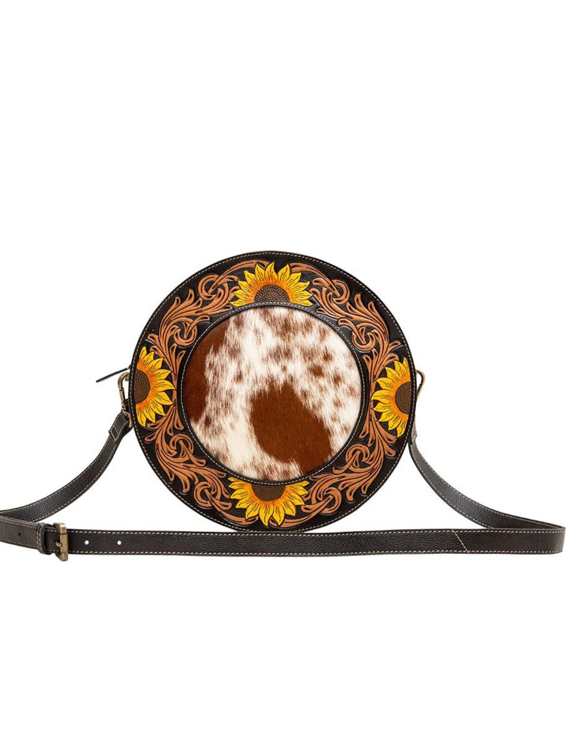 Custom Branded Cowhide tooled Leather Western Sunflower Round Crossbody Purse Initials Monogram Farm or Cow Brand