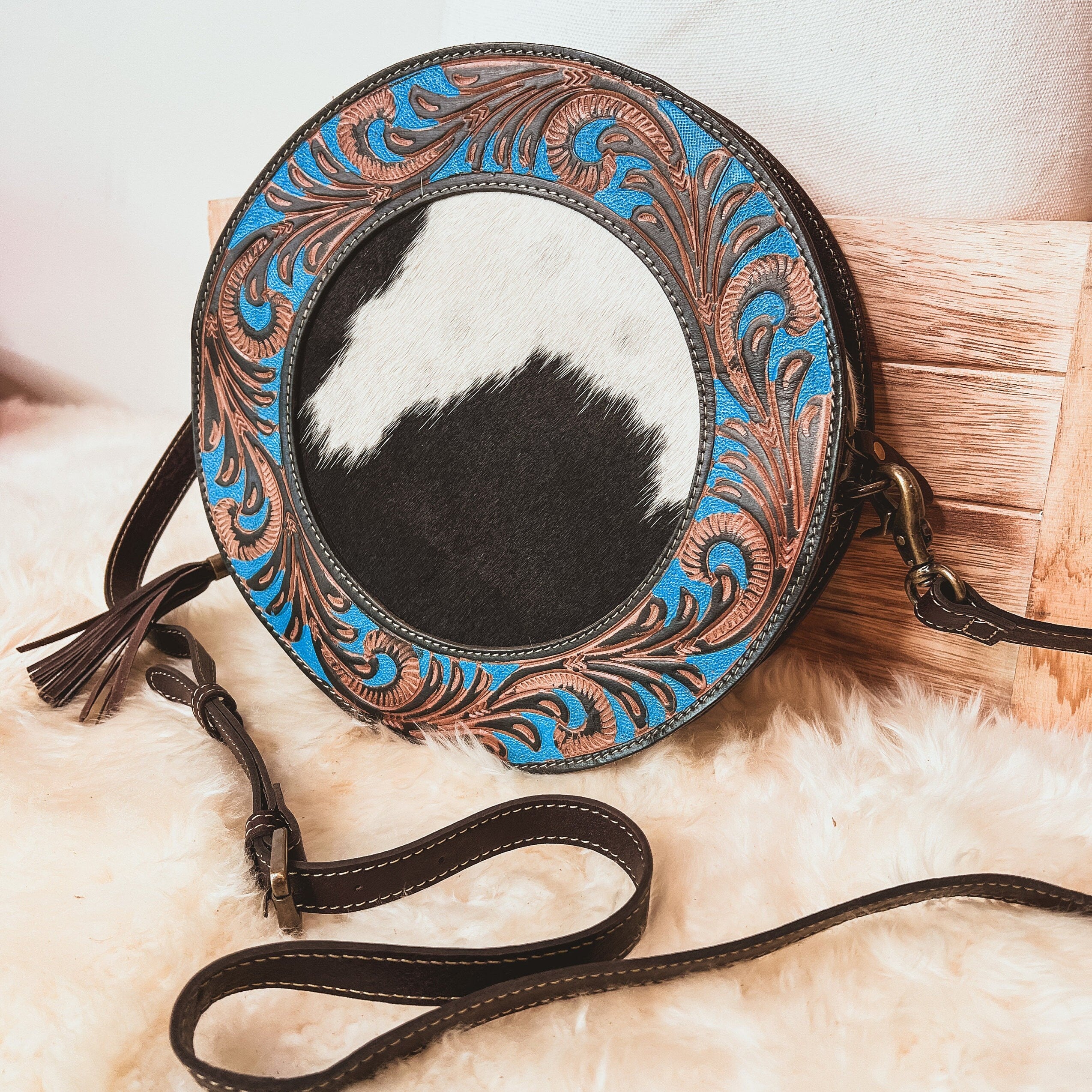 Custom branded Turquoise and Chocolate Cowhide Western Tooled Leather Round Canteen style Crossbody purse Farm Brand Cow Brand Initials