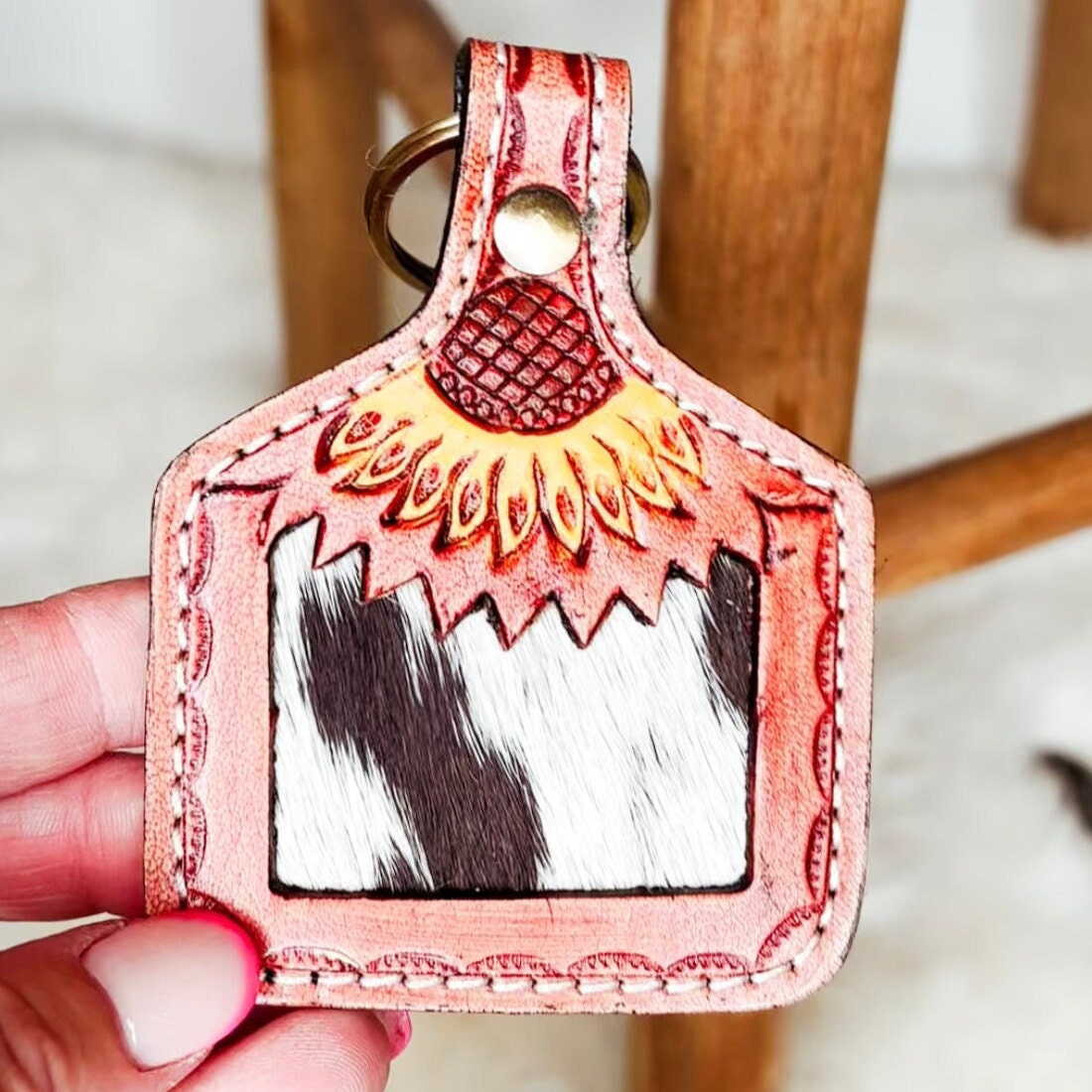 Custom Branded Cowhide Tooled Leather Sunflower Cow Tag Key Chain Key Fob Purse Charm Farm Brand Cow Brand Monogram Initials or Name