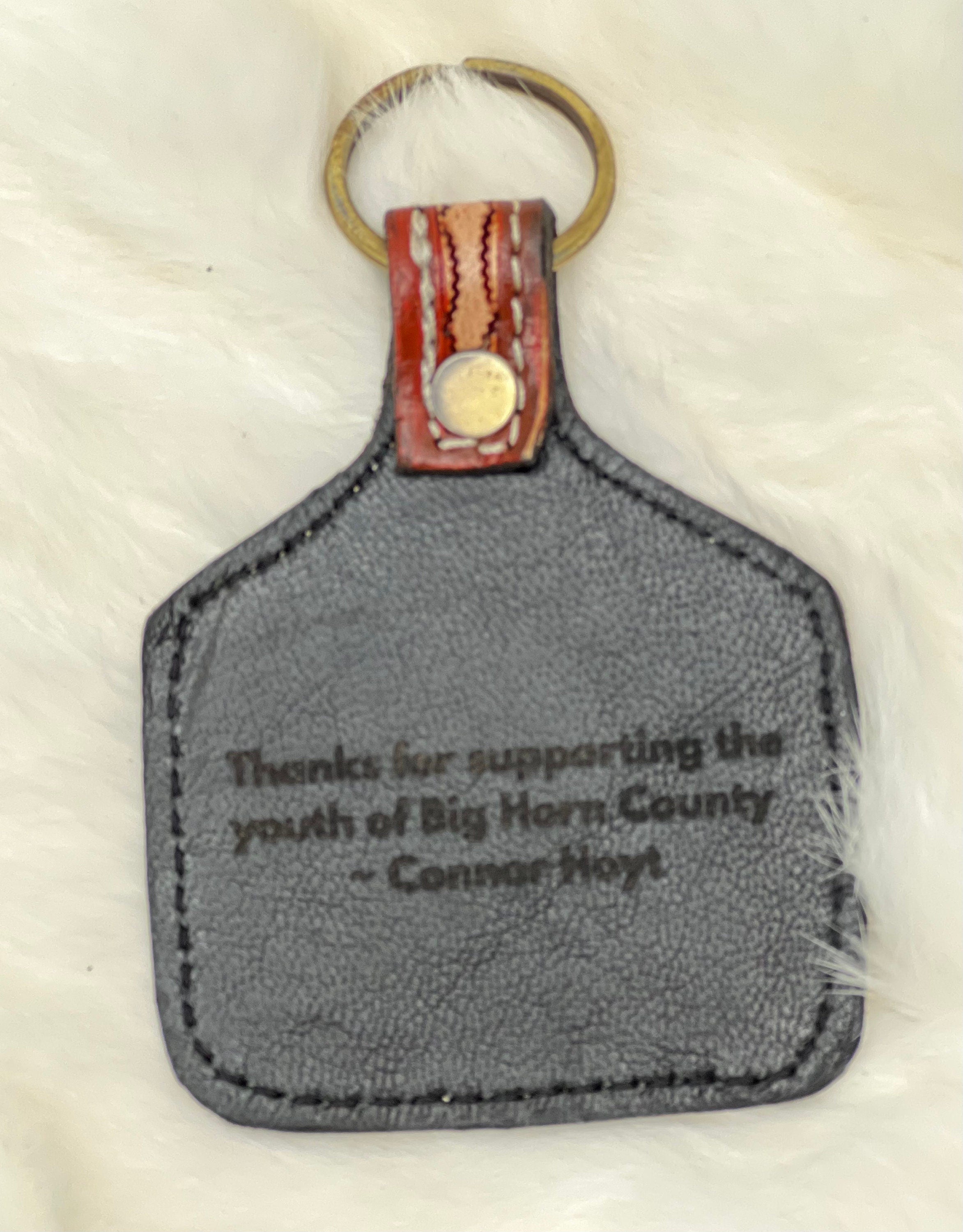 Custom Branded Cowhide Tooled Leather Sunflower Cow Tag Key Chain Key Fob Purse Charm Farm Brand Cow Brand Monogram Initials or Name