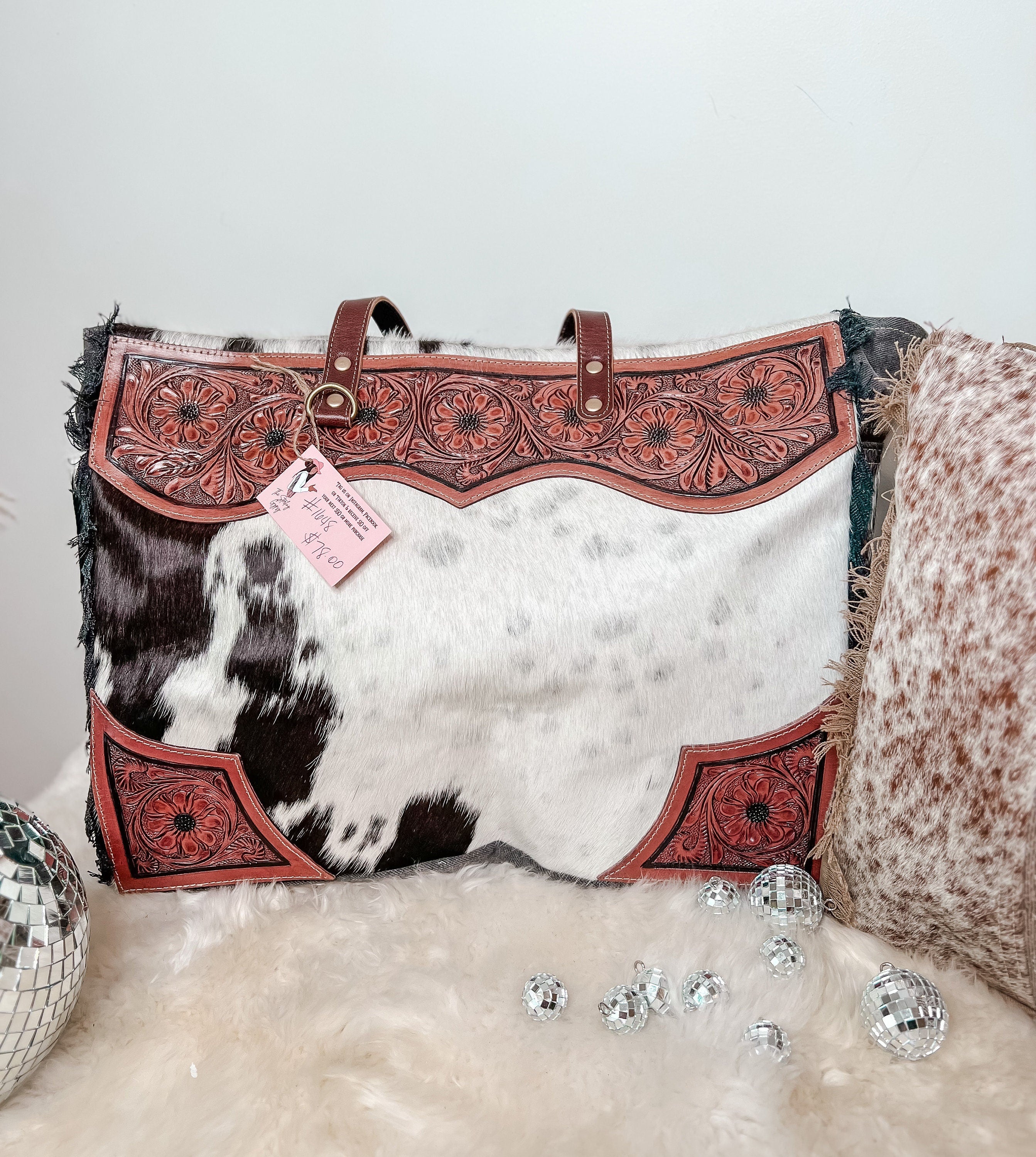 Western Cowhide & Tooled Leather Weekender Tote Bag Travel Custom Branded Farm Brand Cow Brand Initials Cow Print