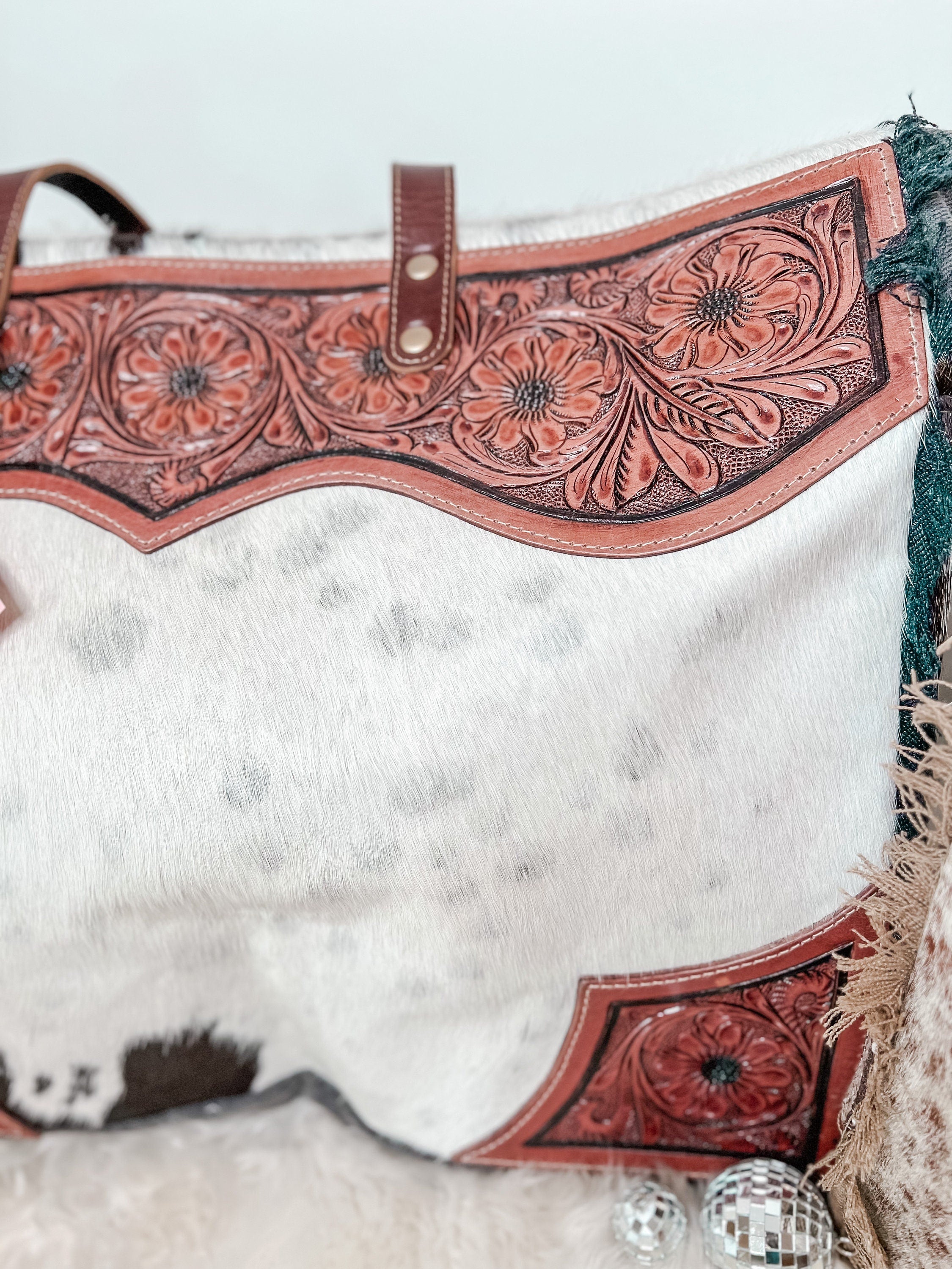 Western Cowhide & Tooled Leather Weekender Tote Bag Travel Custom Branded Farm Brand Cow Brand Initials Cow Print