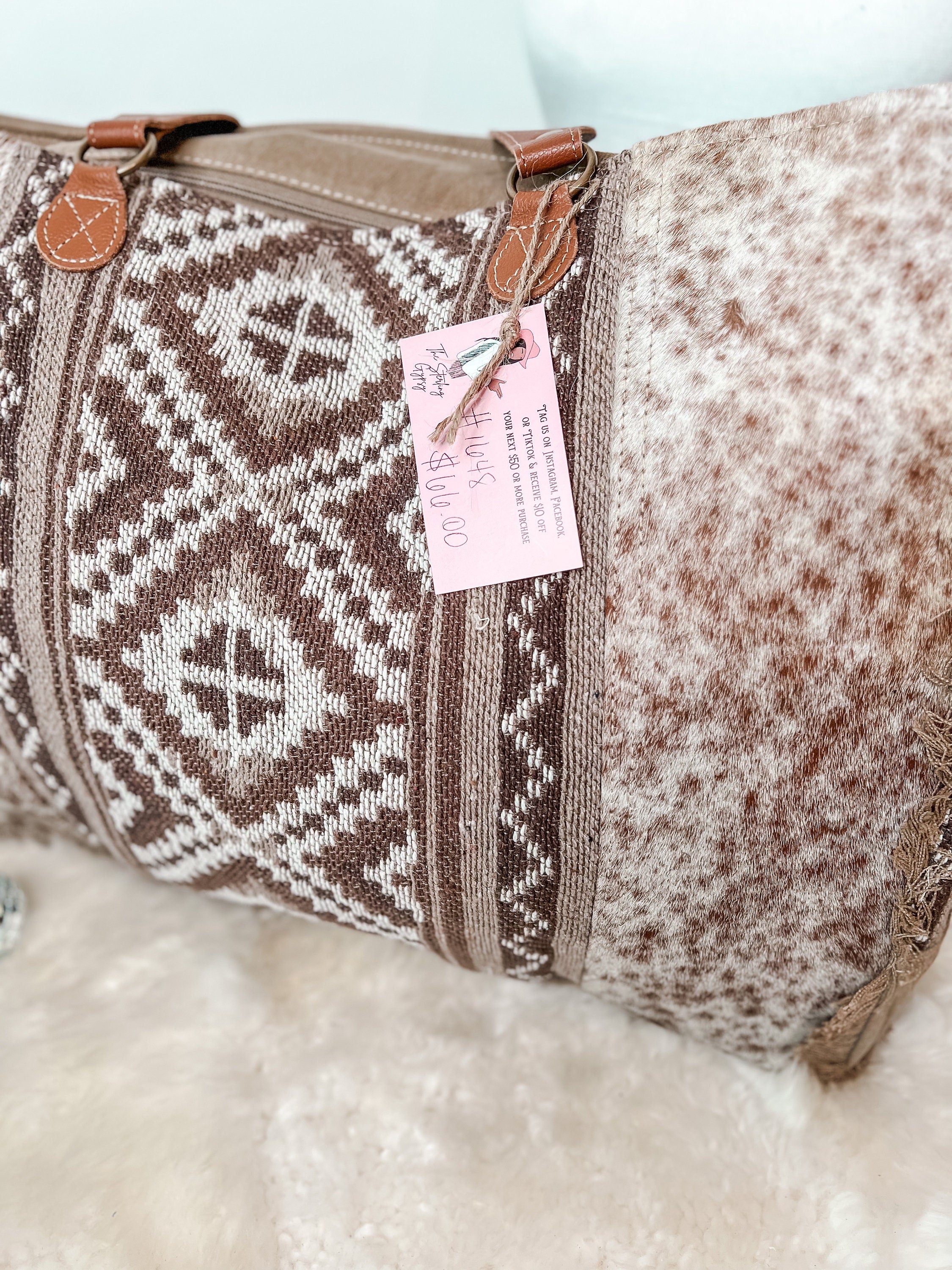 Western Cowhide & Aztec Weekender Tote Bag Travel Custom Branded Farm Brand Cow Brand Initials