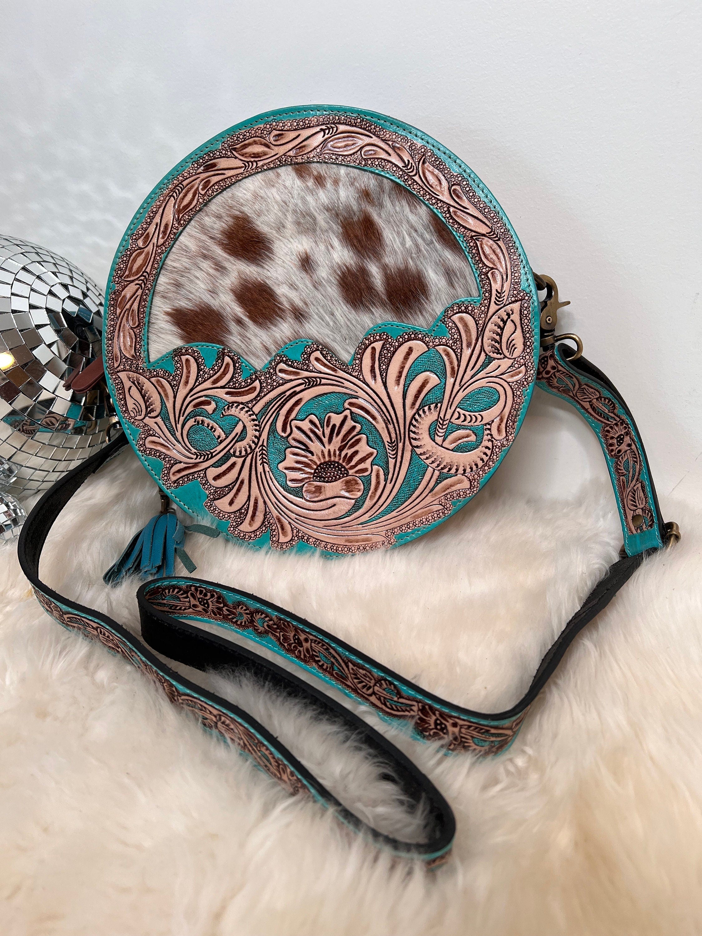 Custom Branded Cowhide Turquoise tooled Leather Western Round Crossbody Canteen Purse Initials Monogram Farm or Cow Brand