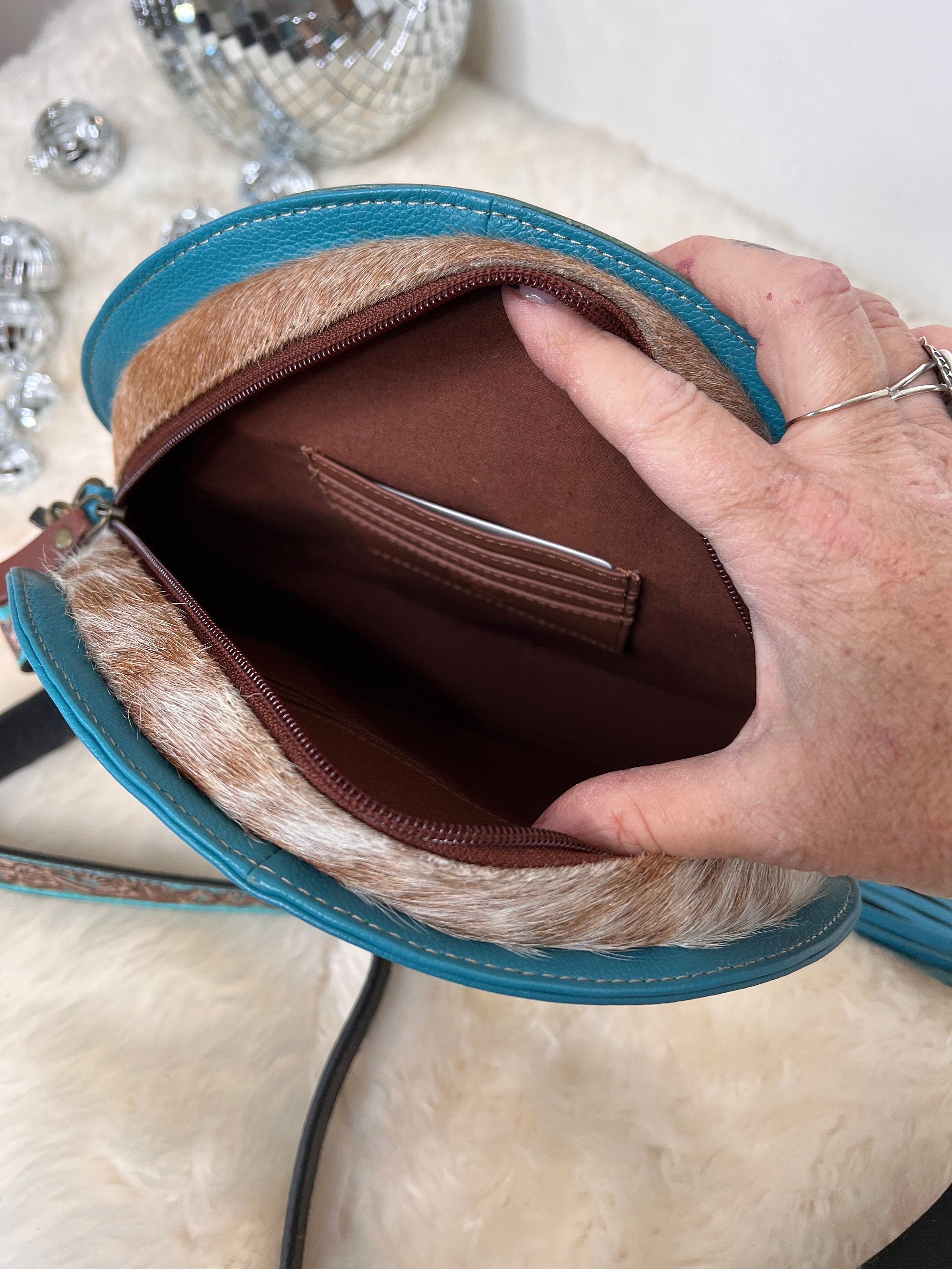 Custom Branded Cowhide Turquoise tooled Leather Western Round Crossbody Canteen Purse Initials Monogram Farm or Cow Brand