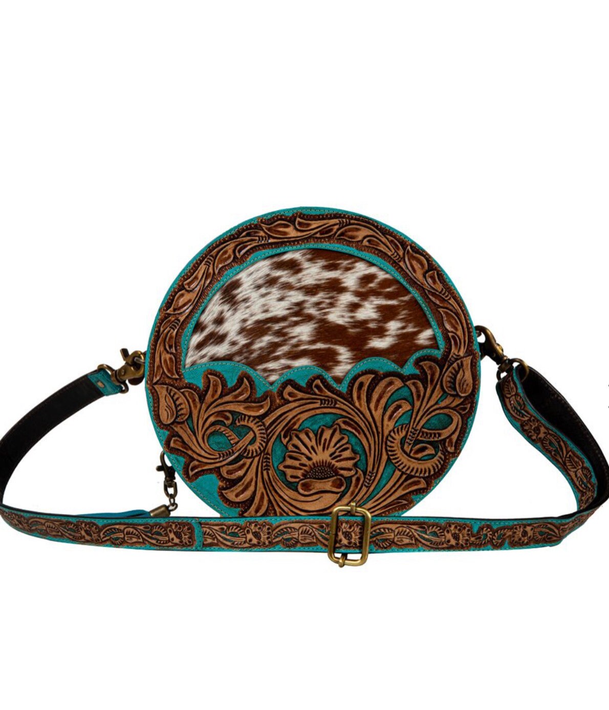 Custom Branded Cowhide Turquoise tooled Leather Western Round Crossbody Canteen Purse Initials Monogram Farm or Cow Brand