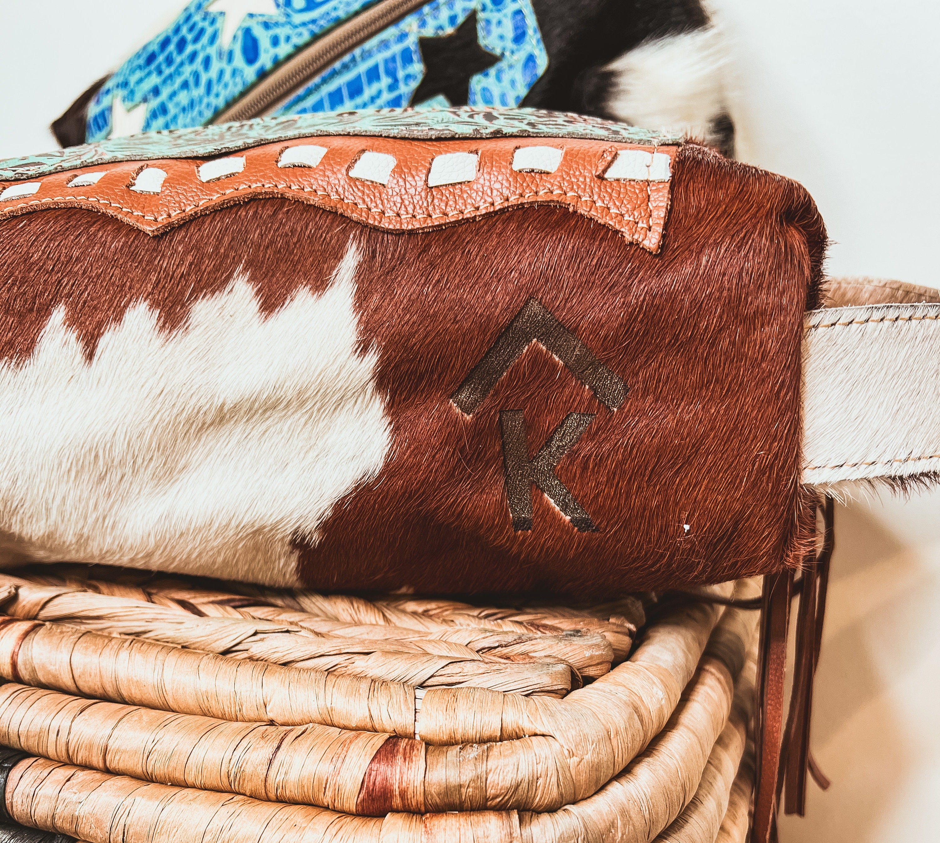 Custom Western Branded Cowhide Tooled Leather Cosmetic Shave Bag Initials Monogram Farm or Cow Brand Turquoise Travel Organizer Kit Case