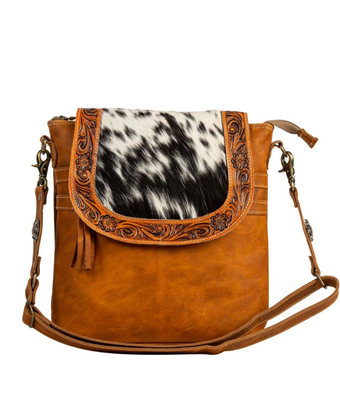Custom Branded Hand Tooled Leather & Cowhide Crossbody Shoulder Bag personalized with your Farm Brand Cow Brand Monogram or Initials