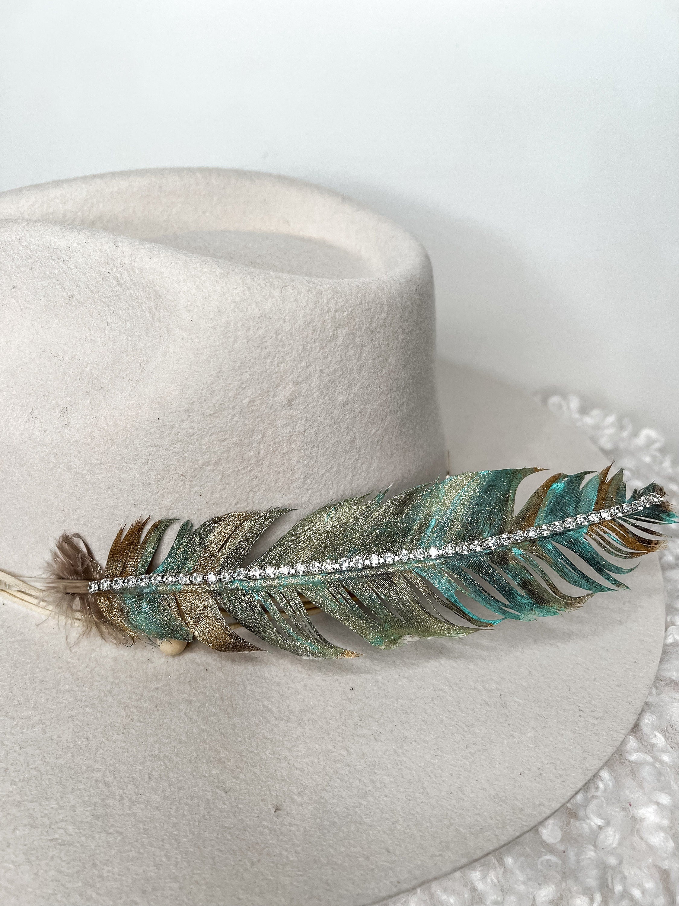 Hand Painted Rhinestone Glitter Turquoise & Gold Hat Feather Accessory Cowgirl Hat Decoration Hat Pin