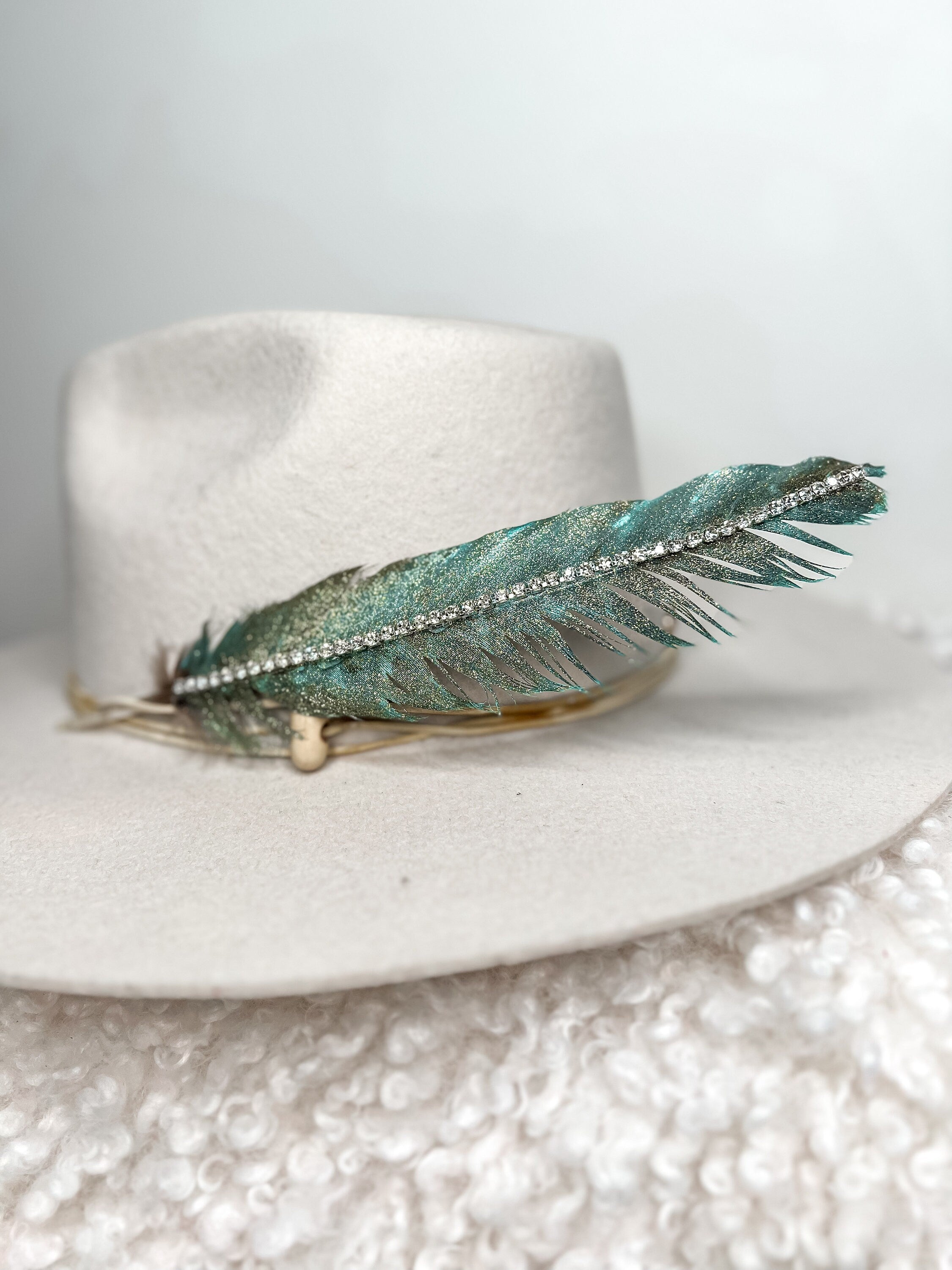 Hand Painted Rhinestone Glitter Turquoise Hat Feather Accessory Cowgirl Hat Decoration