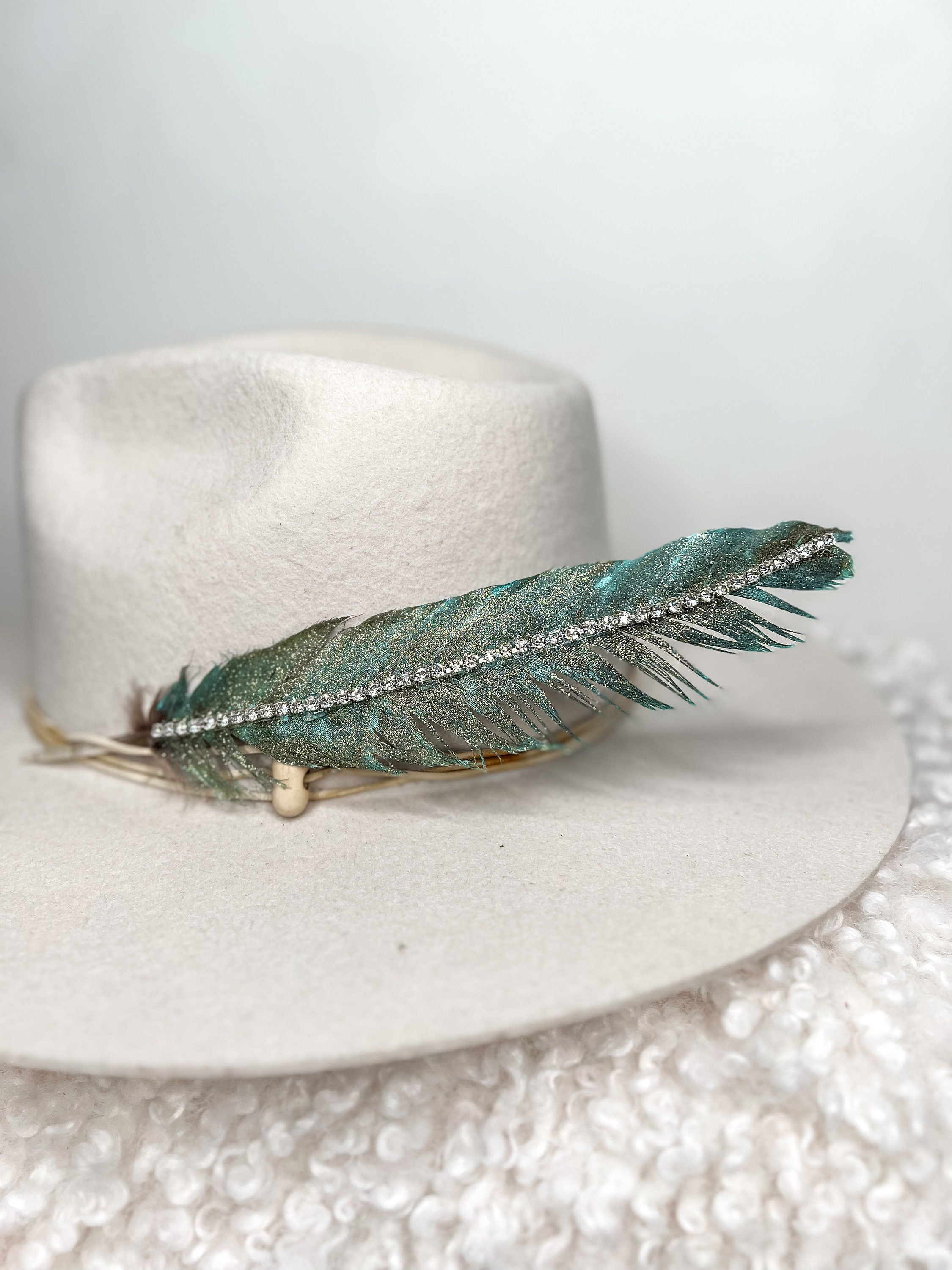 Hand Painted Rhinestone Glitter Turquoise Hat Feather Accessory Cowgirl Hat Decoration