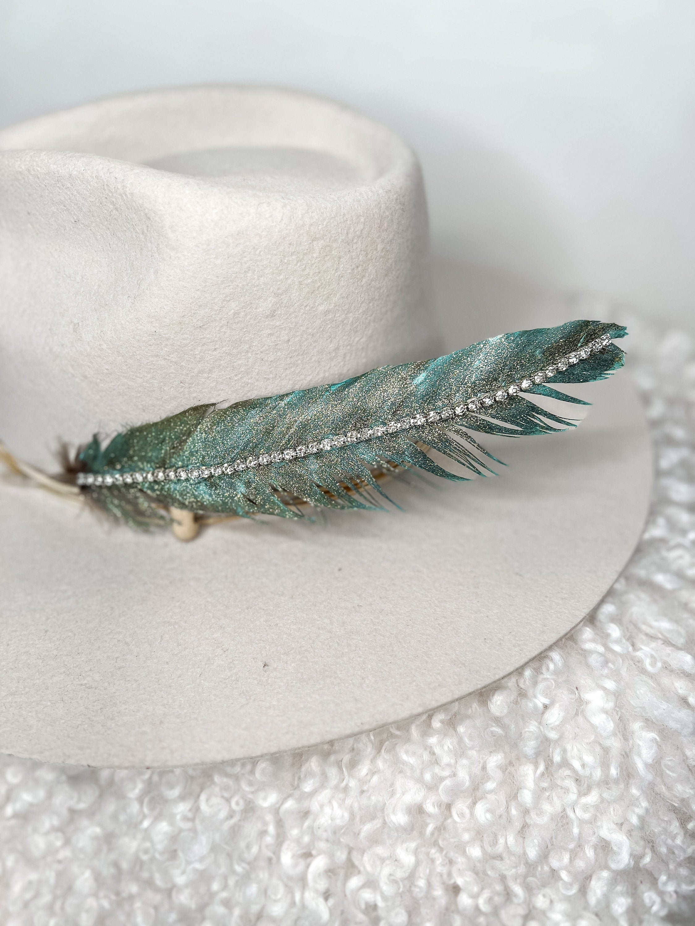 Hand Painted Rhinestone Glitter Turquoise Hat Feather Accessory Cowgirl Hat Decoration