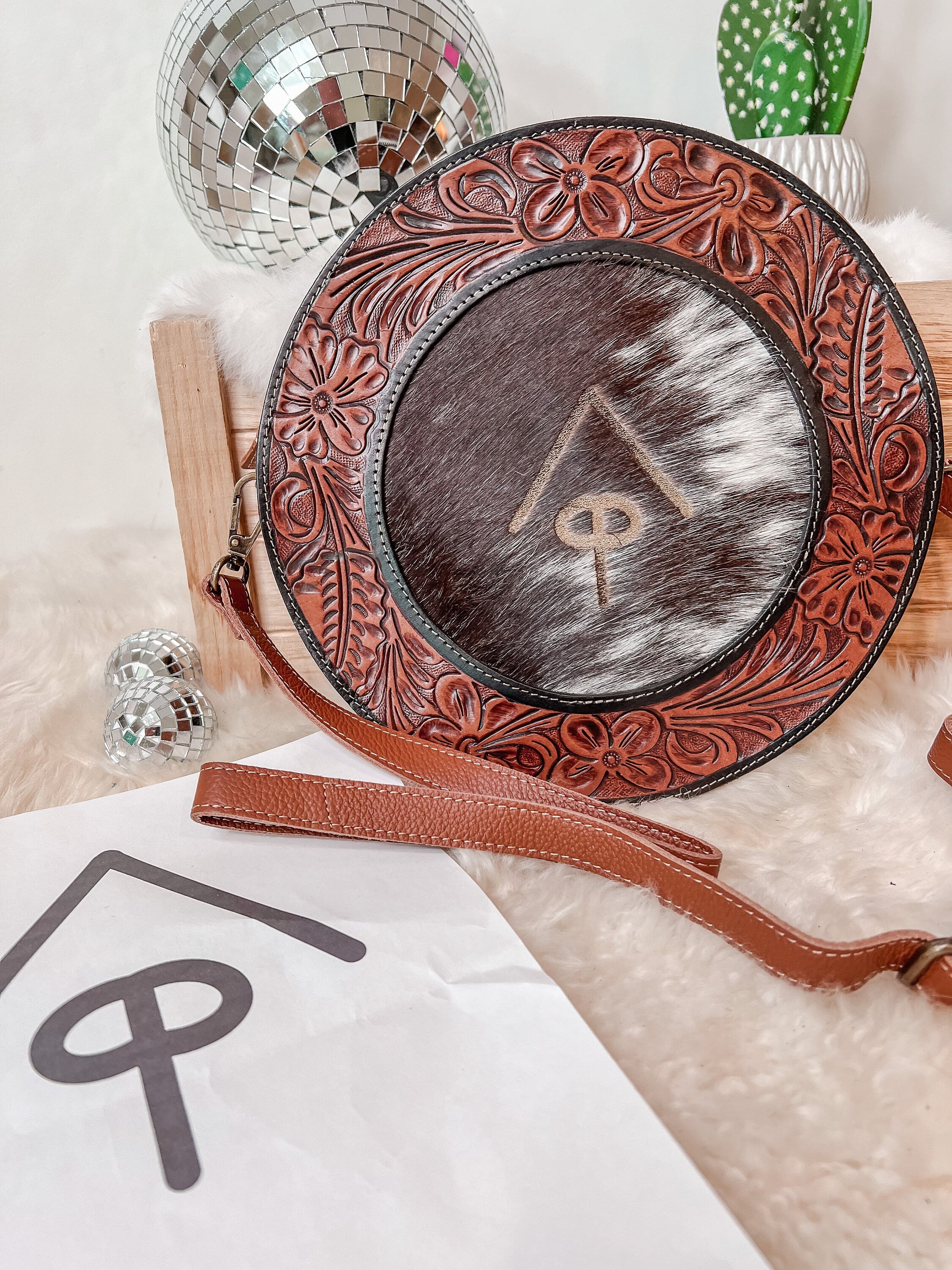 Custom Branded Cowhide tooled Leather Western Round Crossbody Purse Initials Monogram Farm or Cow Brand