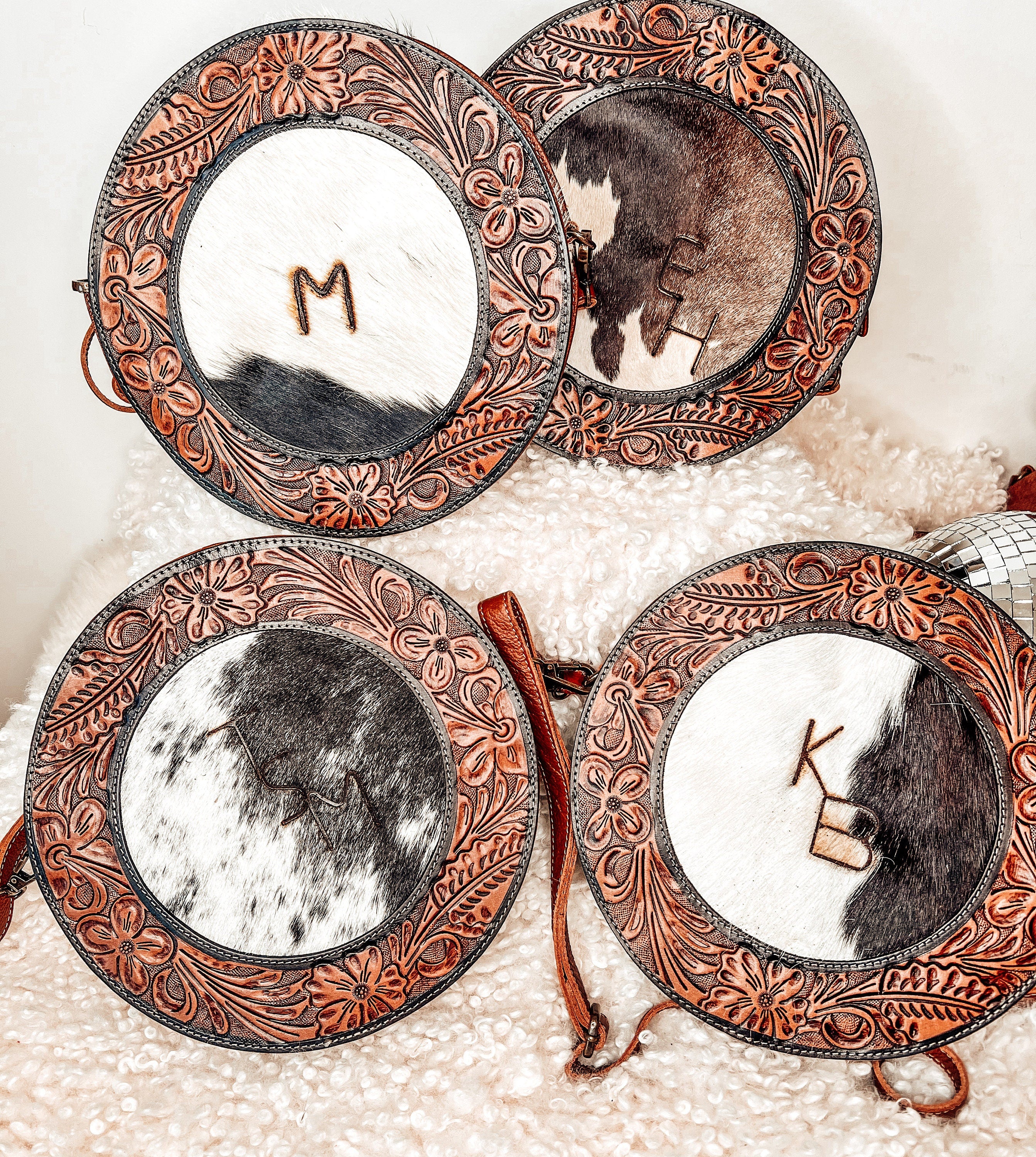 Custom Branded Cowhide tooled Leather Western Round Crossbody Purse Initials Monogram Farm or Cow Brand