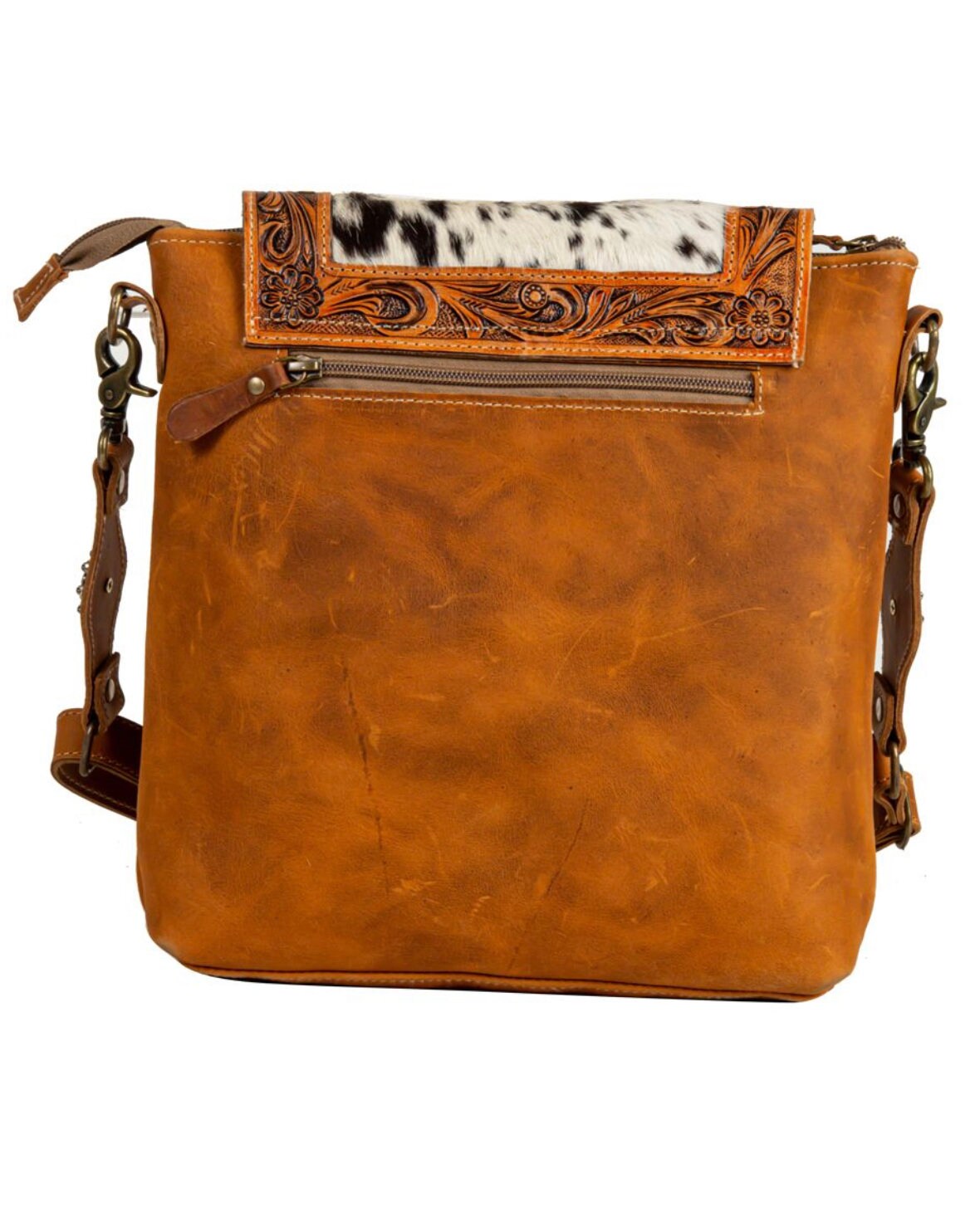 Custom Branded Hand Tooled Leather & Cowhide Crossbody Shoulder Bag personalized with your Farm Brand Cow Brand Monogram or Initials