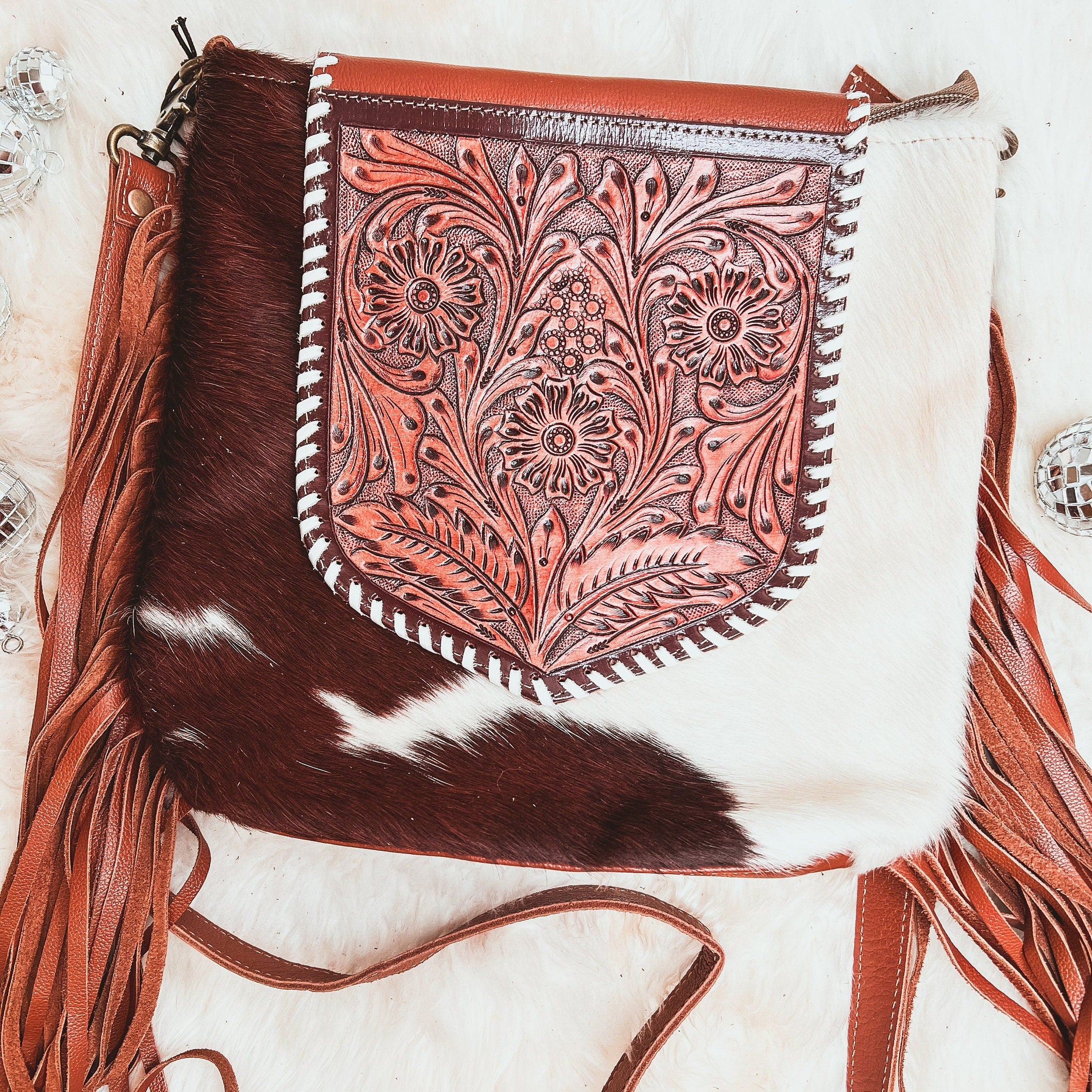 Custom Branded Brown & White Cowhide Tooled Leather Crossbody Purse with fringe we add your Initials Monogram name Farm or Cow Brand