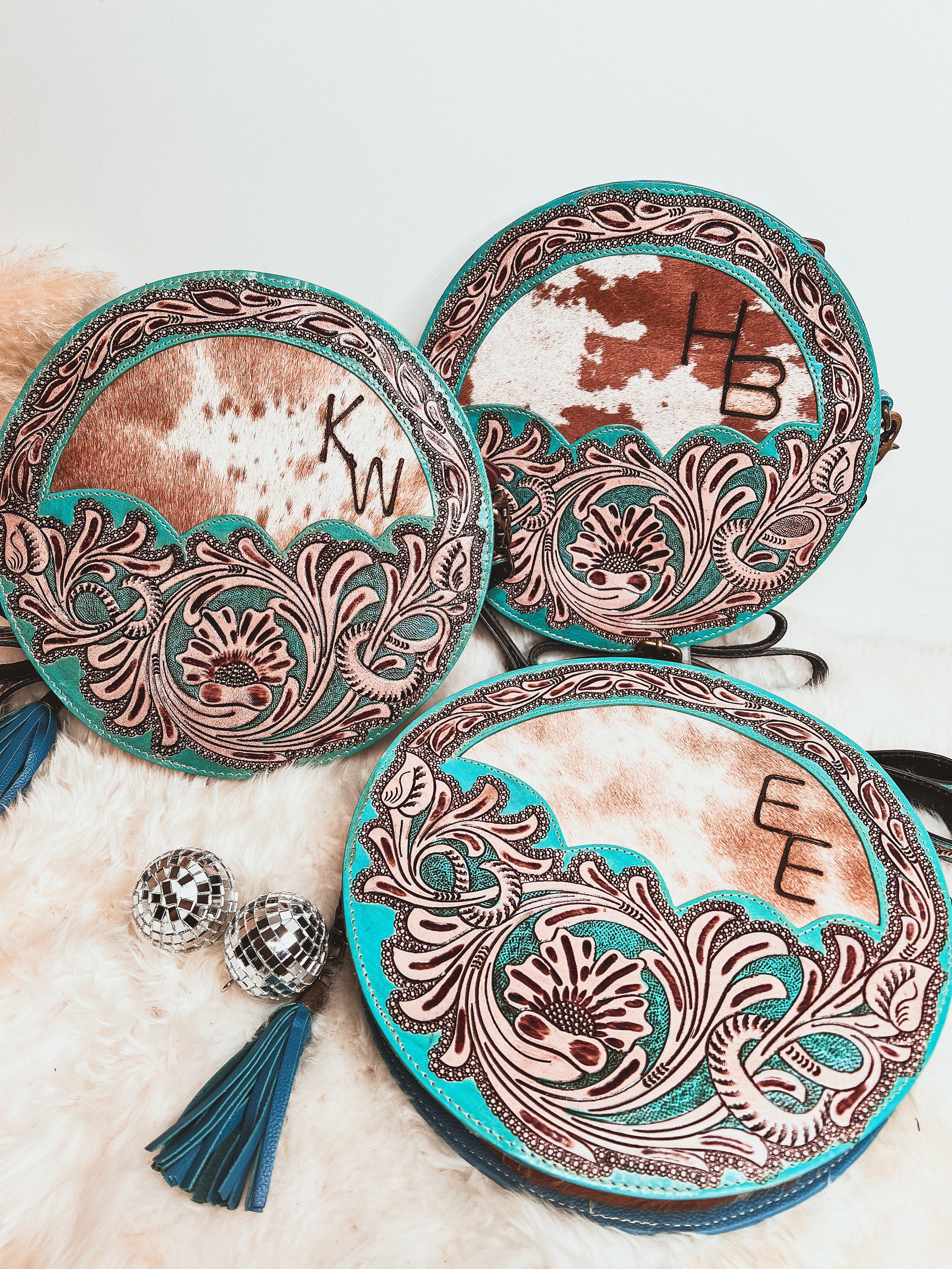Custom Branded Cowhide Round Crossbody purse tooled leather Turquoise Flowers & White Whipstitch we add your farm cow brand logo initials
