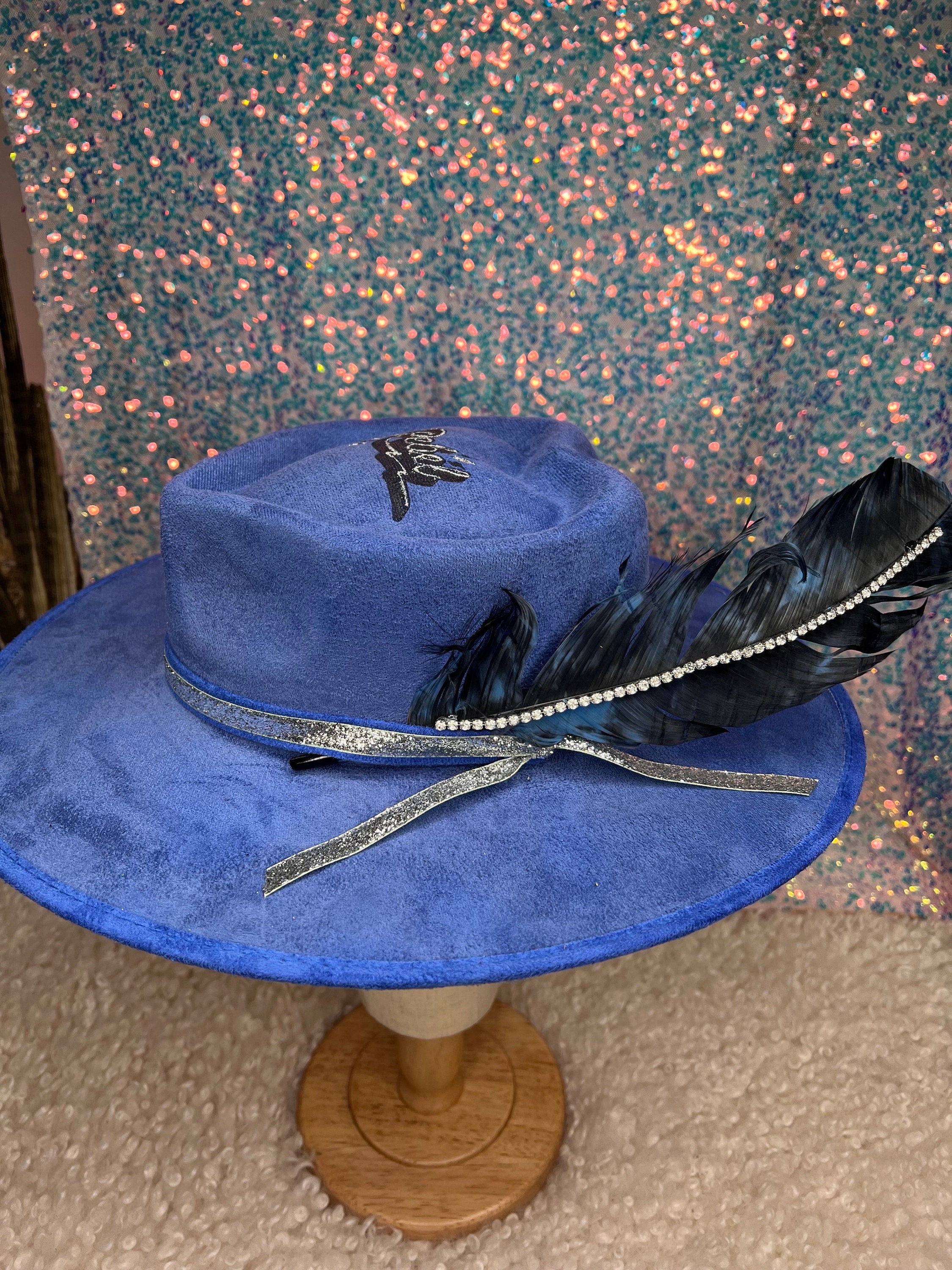 Blue suede "Rebel" burned Cowgirl Heart Crown Hat |Decorated Hat | Custom Hat | Valentines Day | Gift for Her
