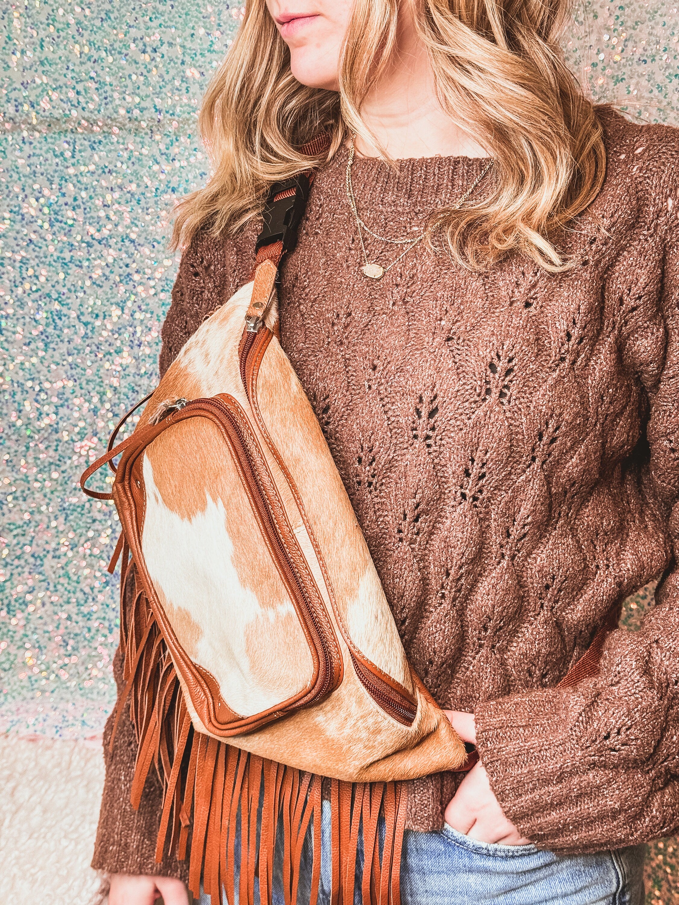 Custom Branded with Your Farm Brand Cow Brand or Initials Brown & White Cowhide Fringe Fanny Pack Bum Bag, Western Fringe Purse, Leather