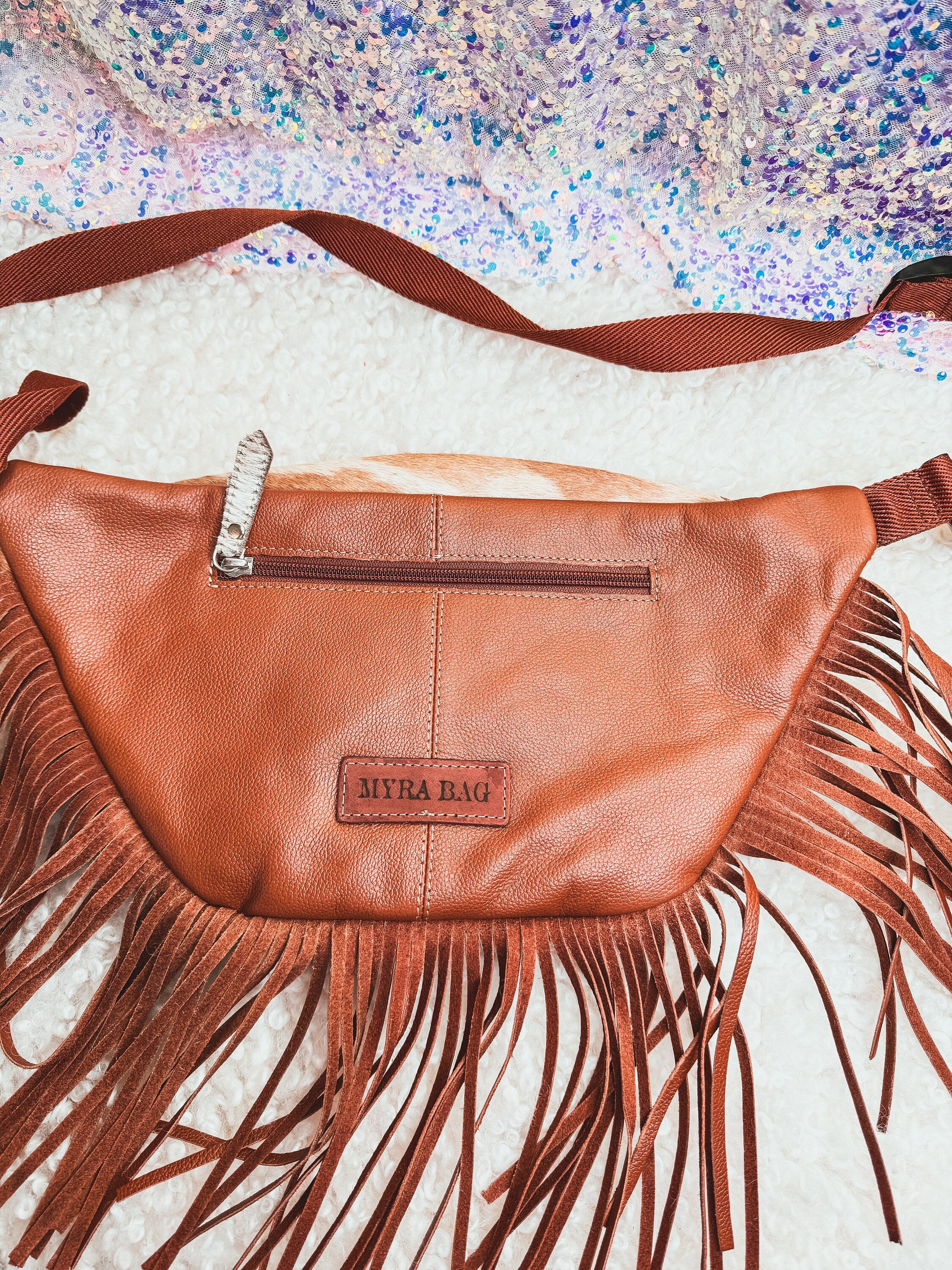 Custom Branded with Your Farm Brand Cow Brand or Initials Brown & White Cowhide Fringe Fanny Pack Bum Bag, Western Fringe Purse, Leather