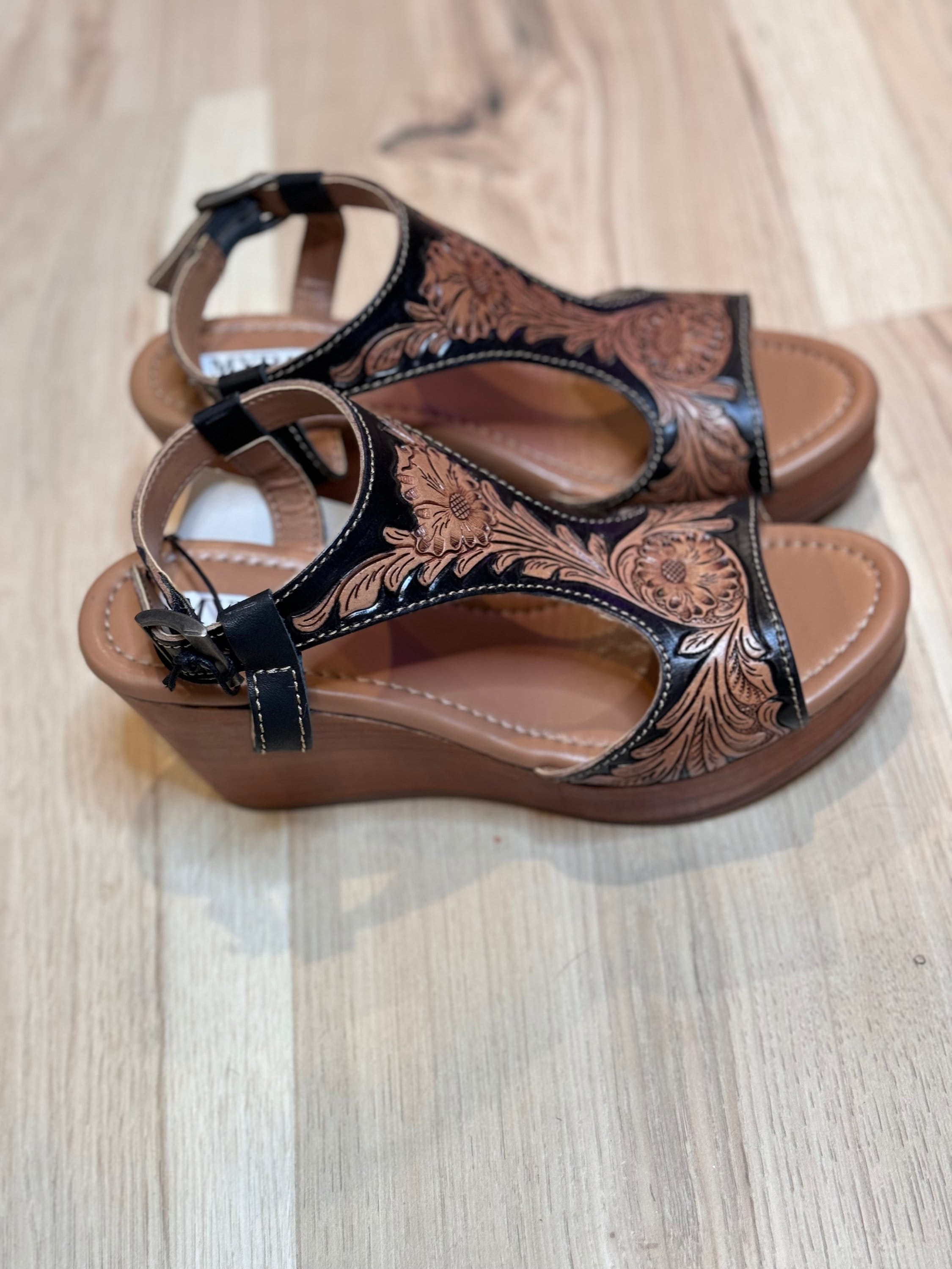 Tooled Leather Wedge sandals, Western sandals, Wedding, Prom Shoes