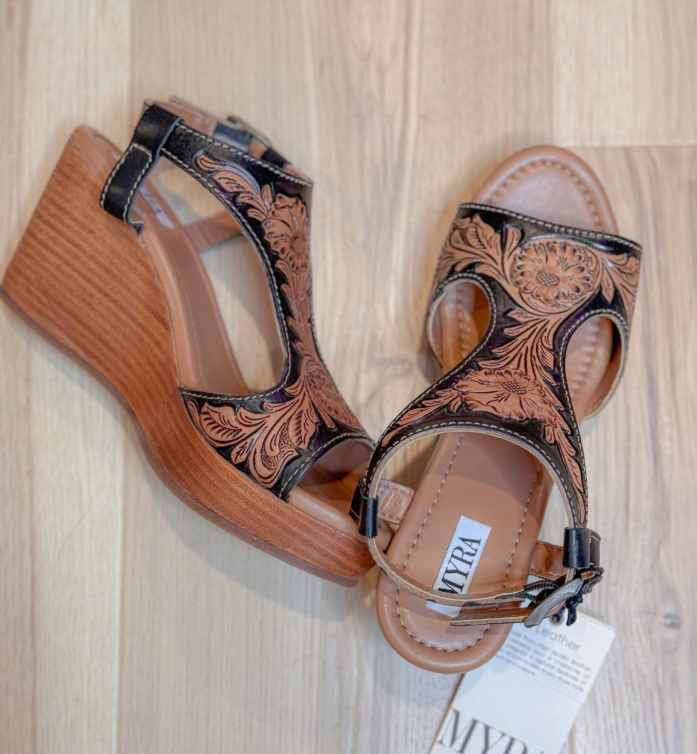 Tooled Leather Wedge sandals, Western sandals, Wedding, Prom Shoes