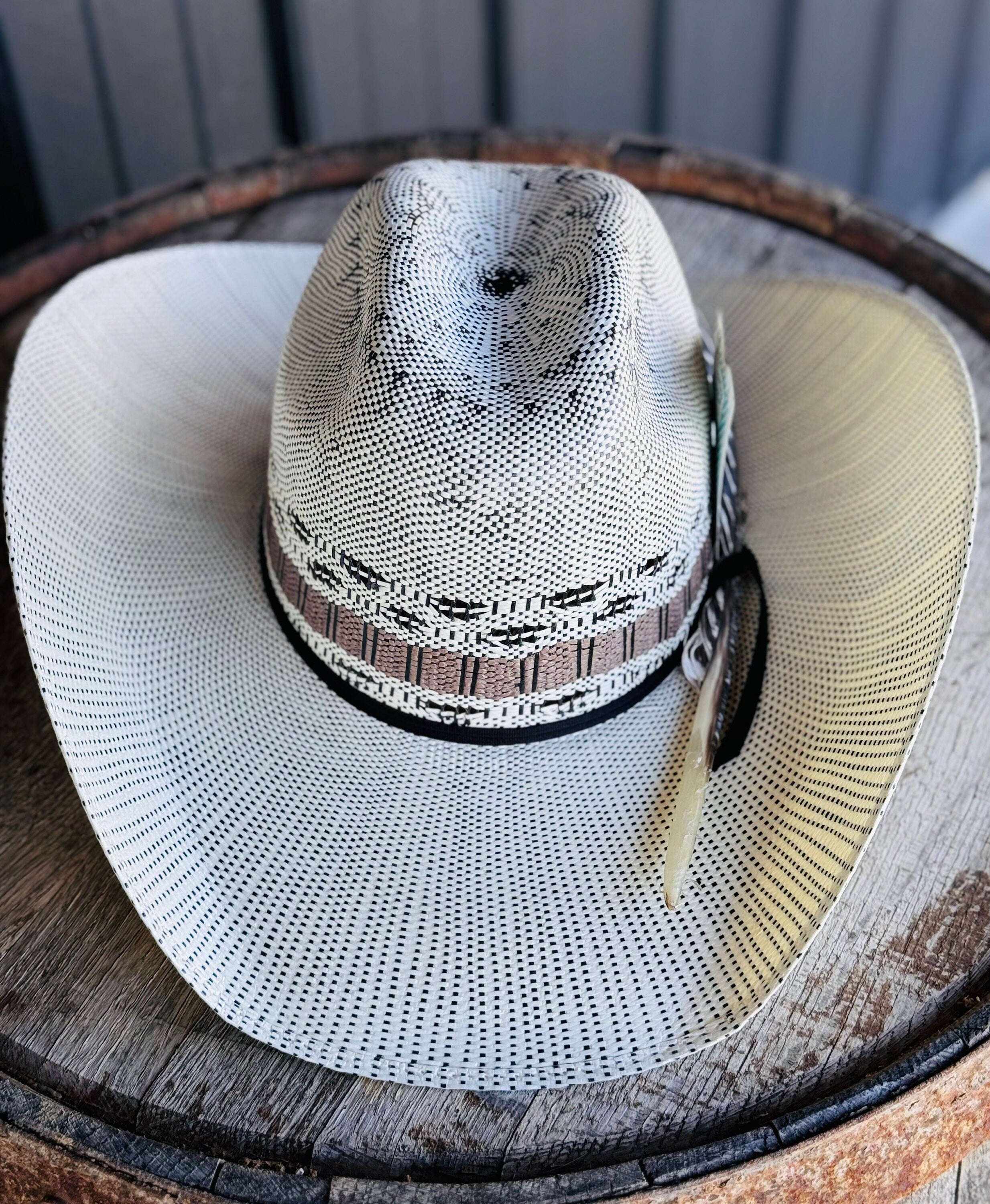 Men’s Women's Straw Cowboy Hat with Turkey Feather & Burned Card, Cowgirl Hat, Decorated Hat, Custom Hat, Hat Card, Hat Feather, Tan Hat