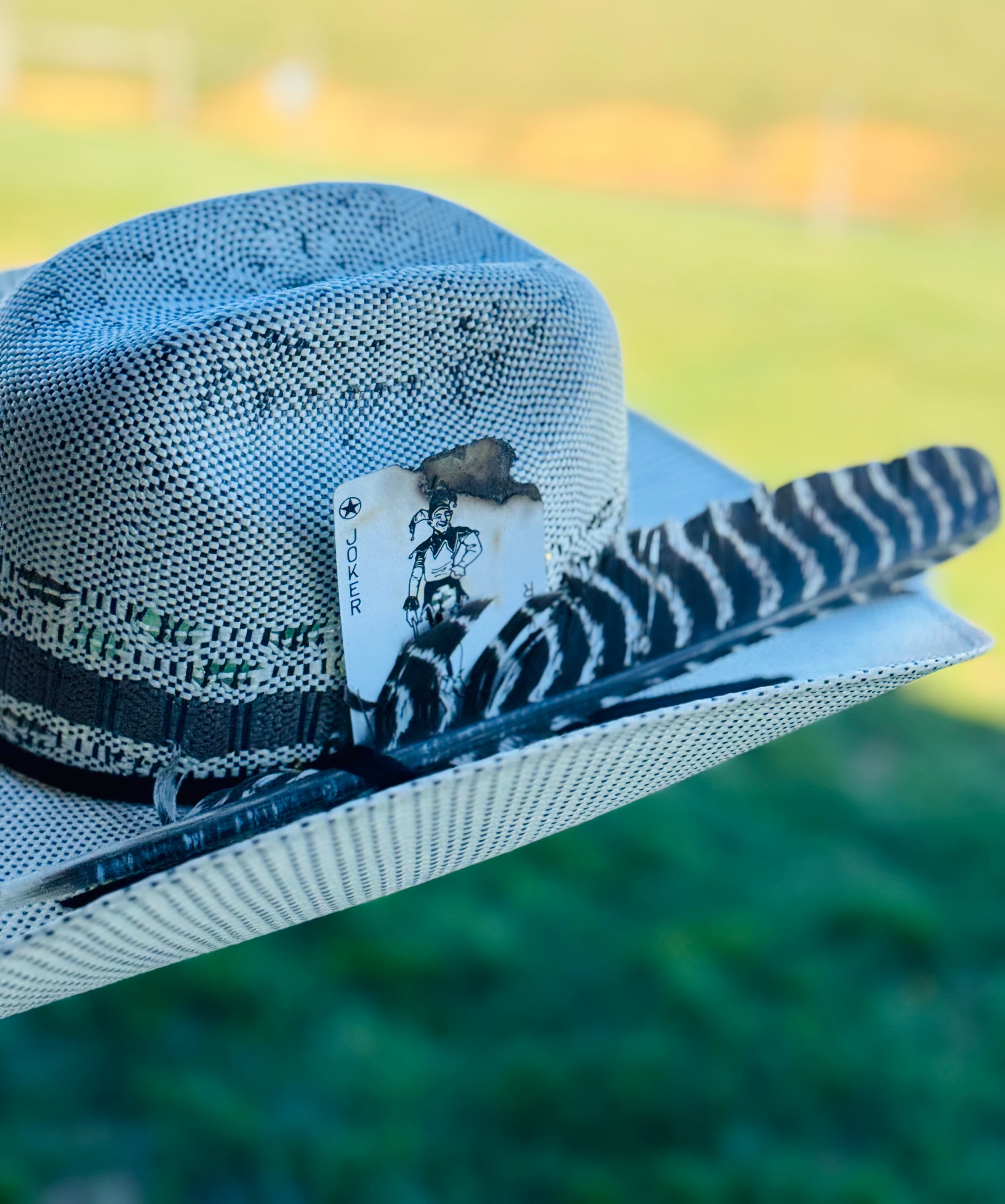 Men’s Women's Straw Cowboy Hat with Turkey Feather & Burned Card, Cowgirl Hat, Decorated Hat, Custom Hat, Hat Card, Hat Feather, Tan Hat