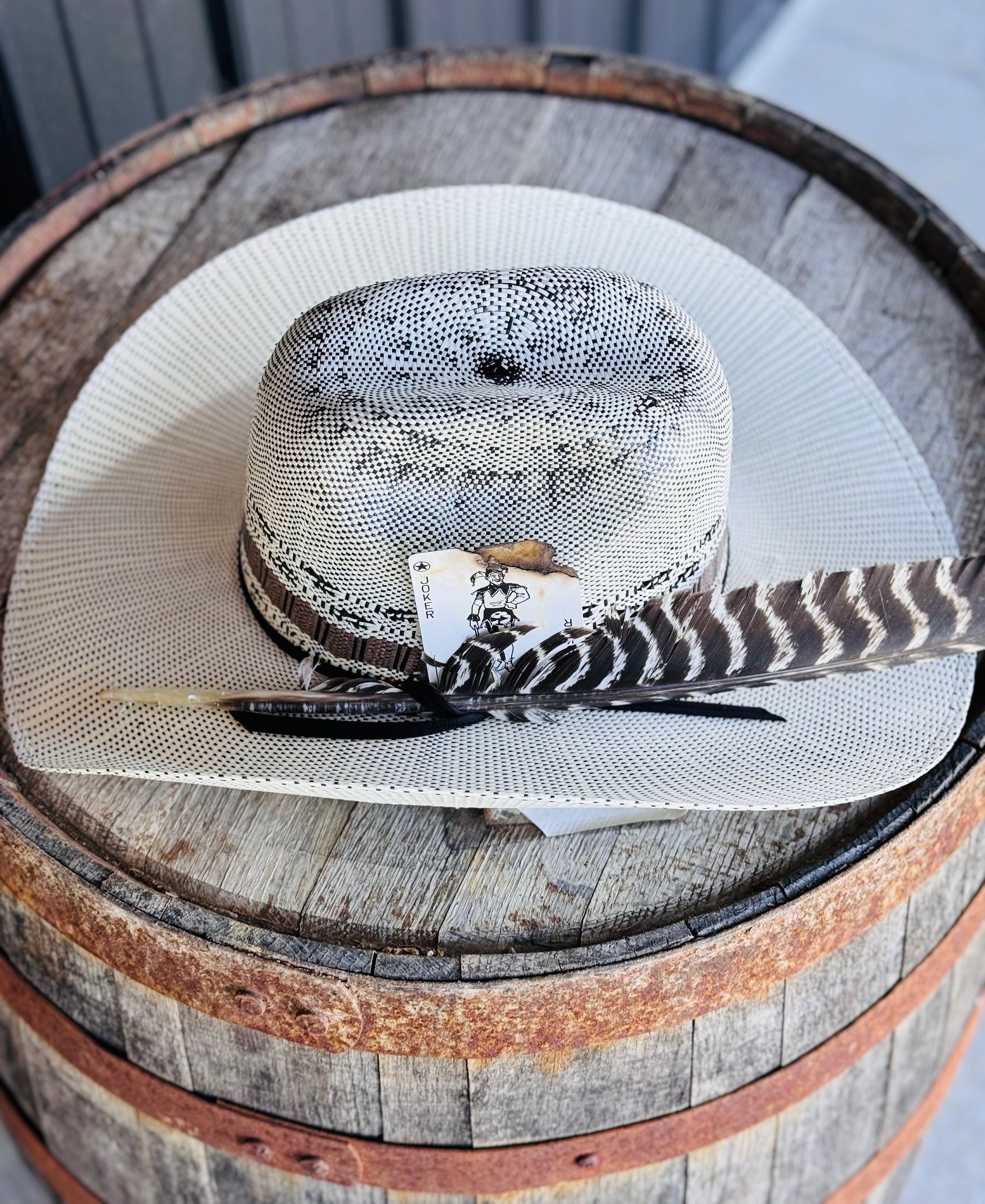 Men’s Women's Straw Cowboy Hat with Turkey Feather & Burned Card, Cowgirl Hat, Decorated Hat, Custom Hat, Hat Card, Hat Feather, Tan Hat