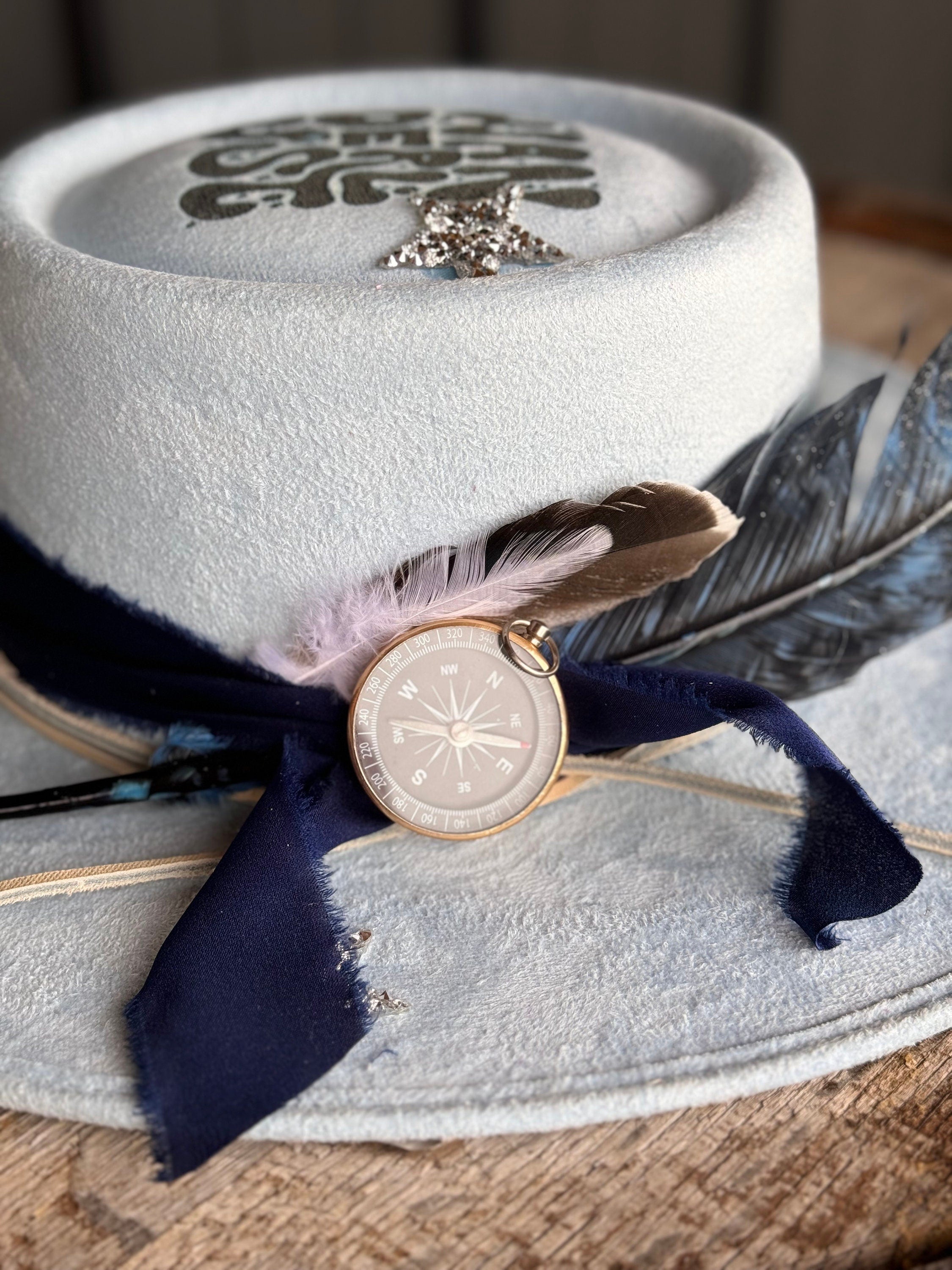 Baby Blue Suede *Wanderlust* Round Crown Decorated Cowgirl Hat, Compass, Burned, Blue & Natural Feathers, Western Boho Hat