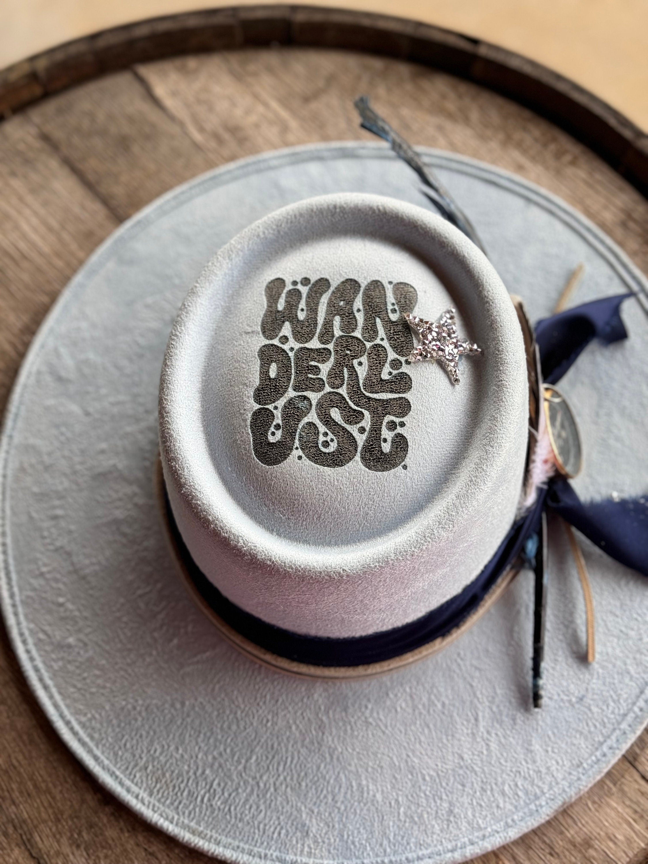 Baby Blue Suede *Wanderlust* Round Crown Decorated Cowgirl Hat, Compass, Burned, Blue & Natural Feathers, Western Boho Hat