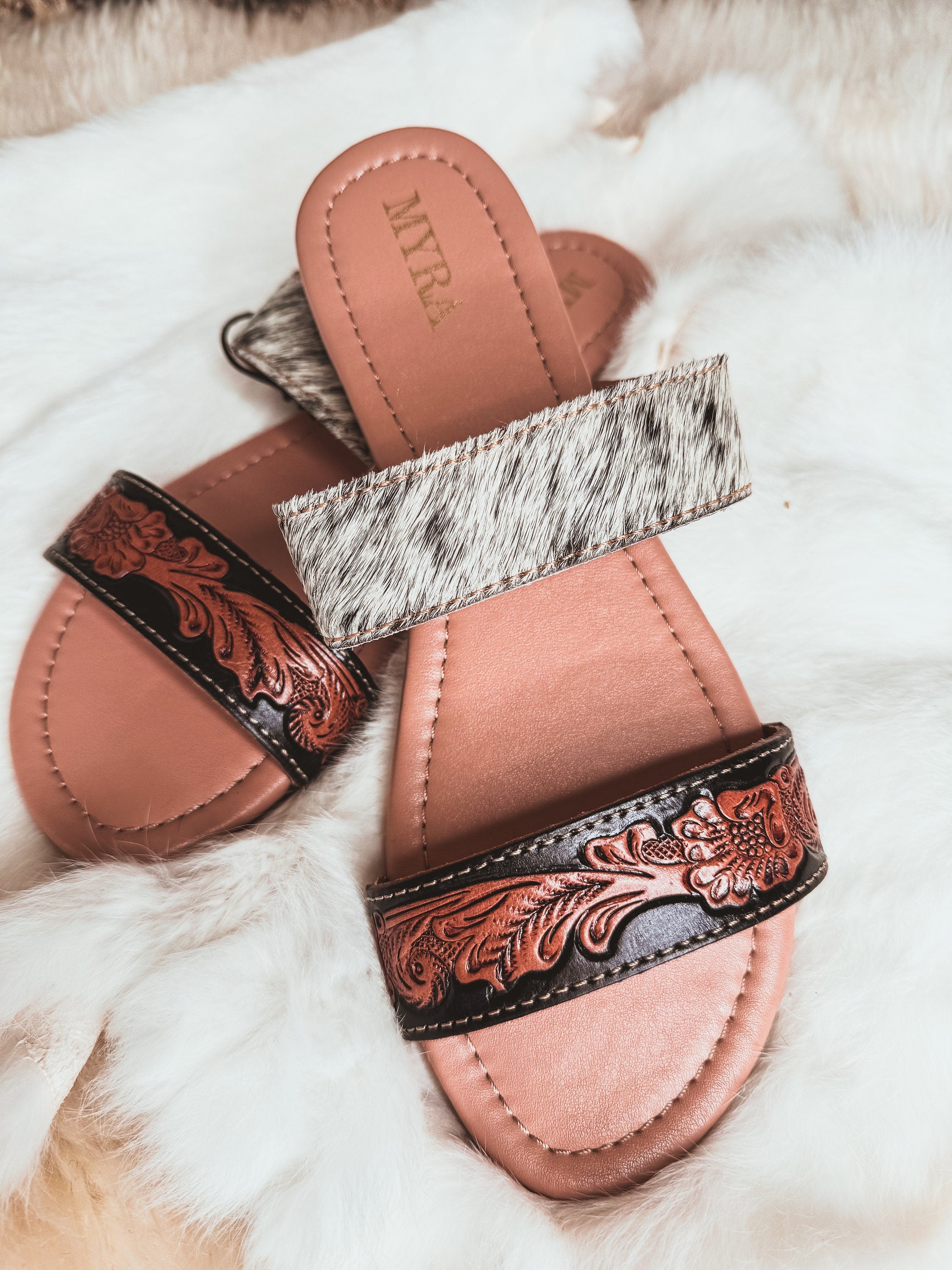 Tooled Leather & Black and White Cowhide flats sandals, slides, Western sandals, Wedding, Prom Shoes, Summer Shoes Graduation, Mothers Day