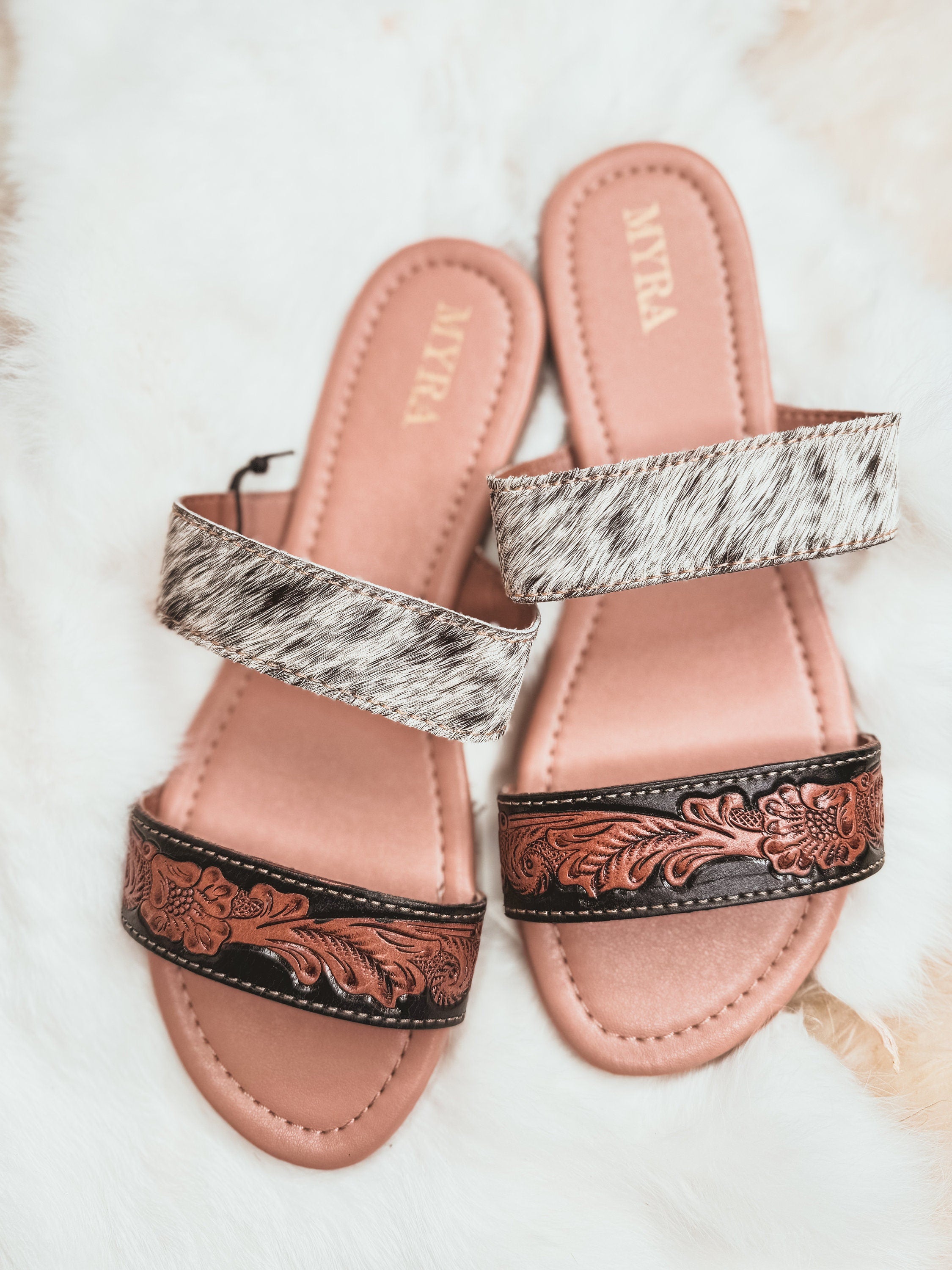 Tooled Leather & Black and White Cowhide flats sandals, slides, Western sandals, Wedding, Prom Shoes, Summer Shoes Graduation, Mothers Day