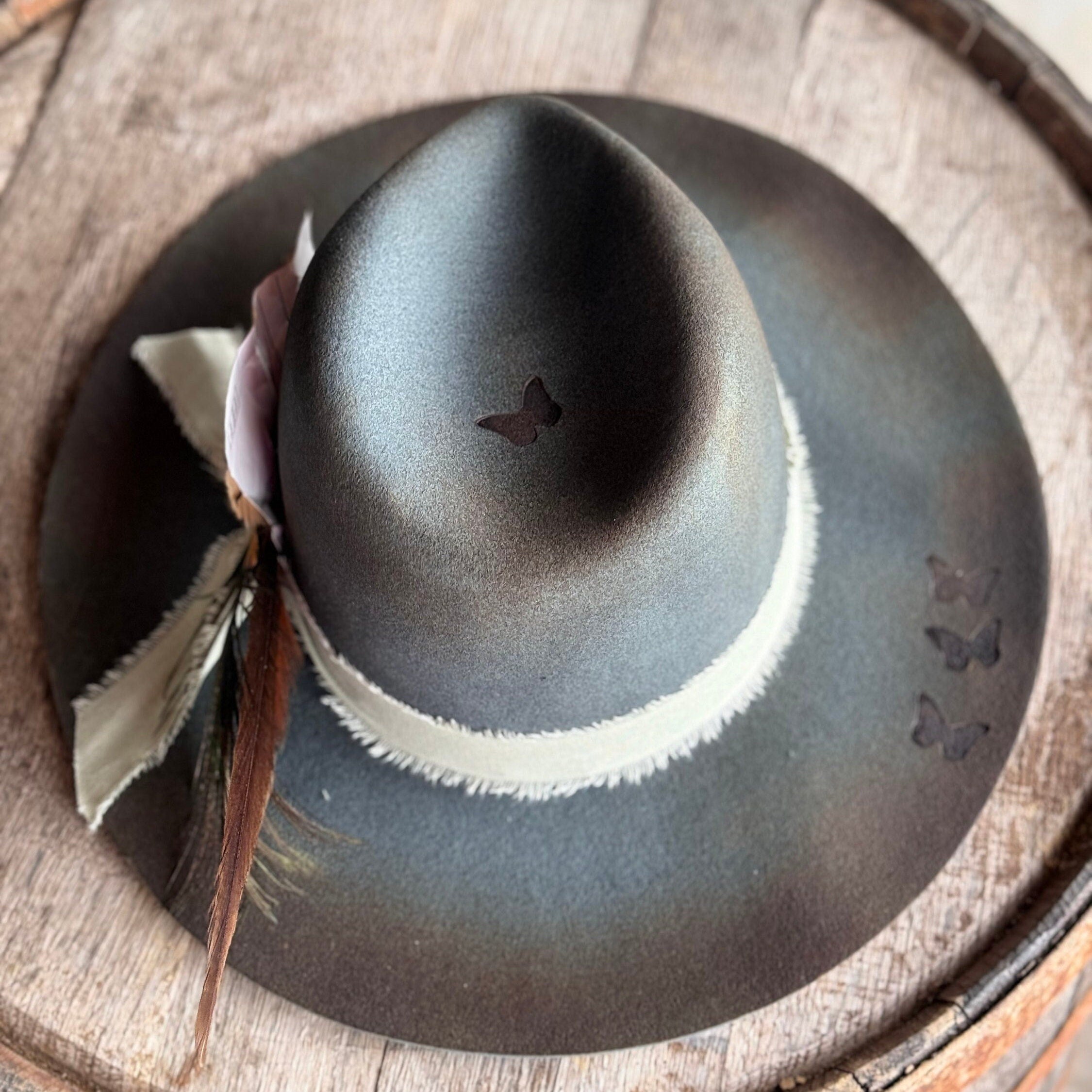 Deep Green Butterfly Decorated Hat, Cowgirl Hat, Burned Hat, Distressed Hat, Branded Hat, Boho