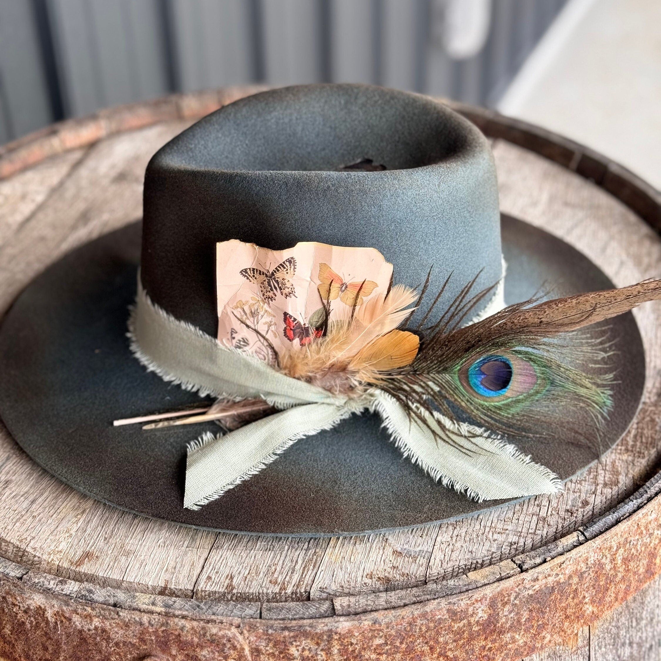 Deep Green Butterfly Decorated Hat, Cowgirl Hat, Burned Hat, Distressed Hat, Branded Hat, Boho