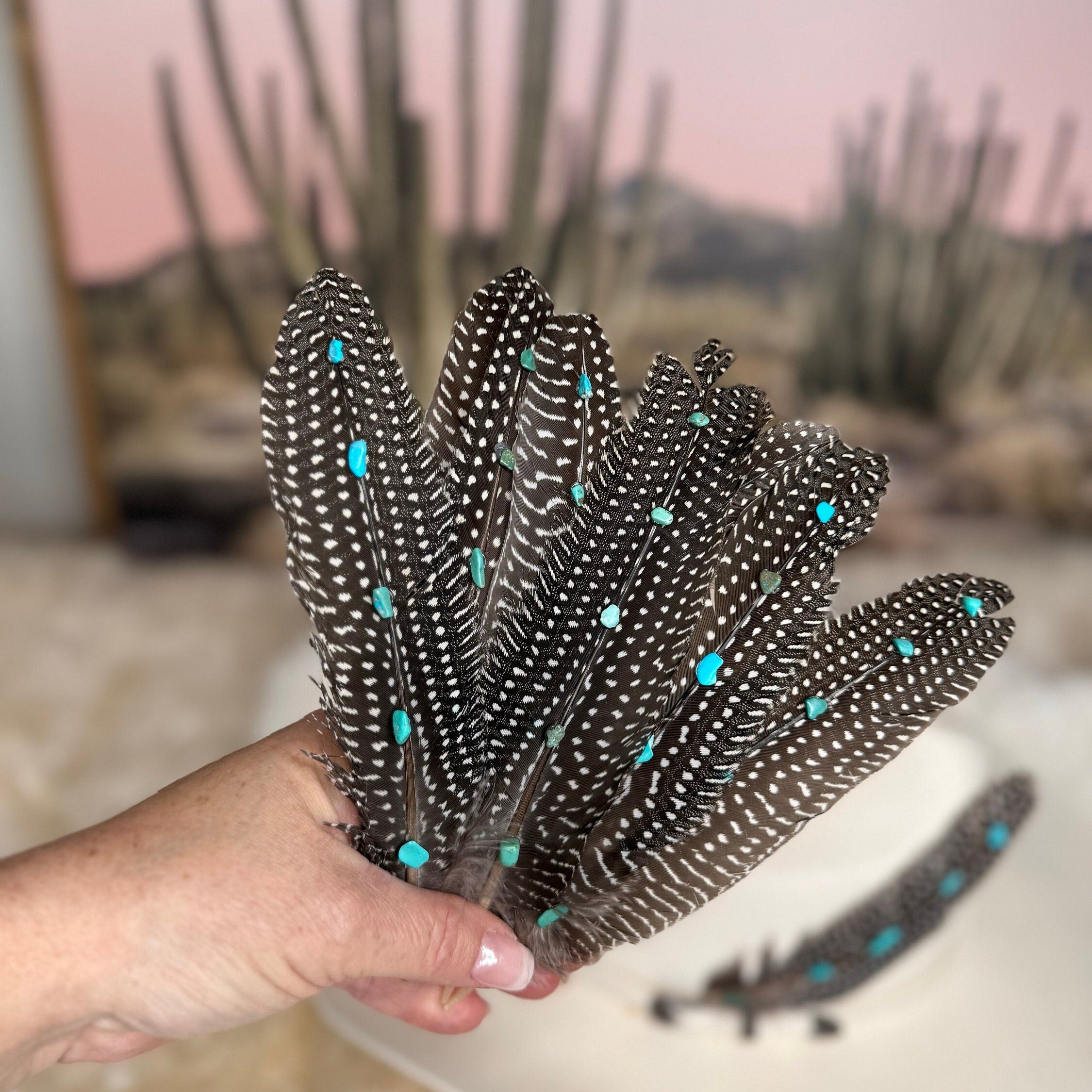 Genuine Turquoise stones on Guinea feather, Hat Feather, Decorated Hat Feather, Cowboy Hat Accessories, Cowboy Hat Feather, Natural Feather