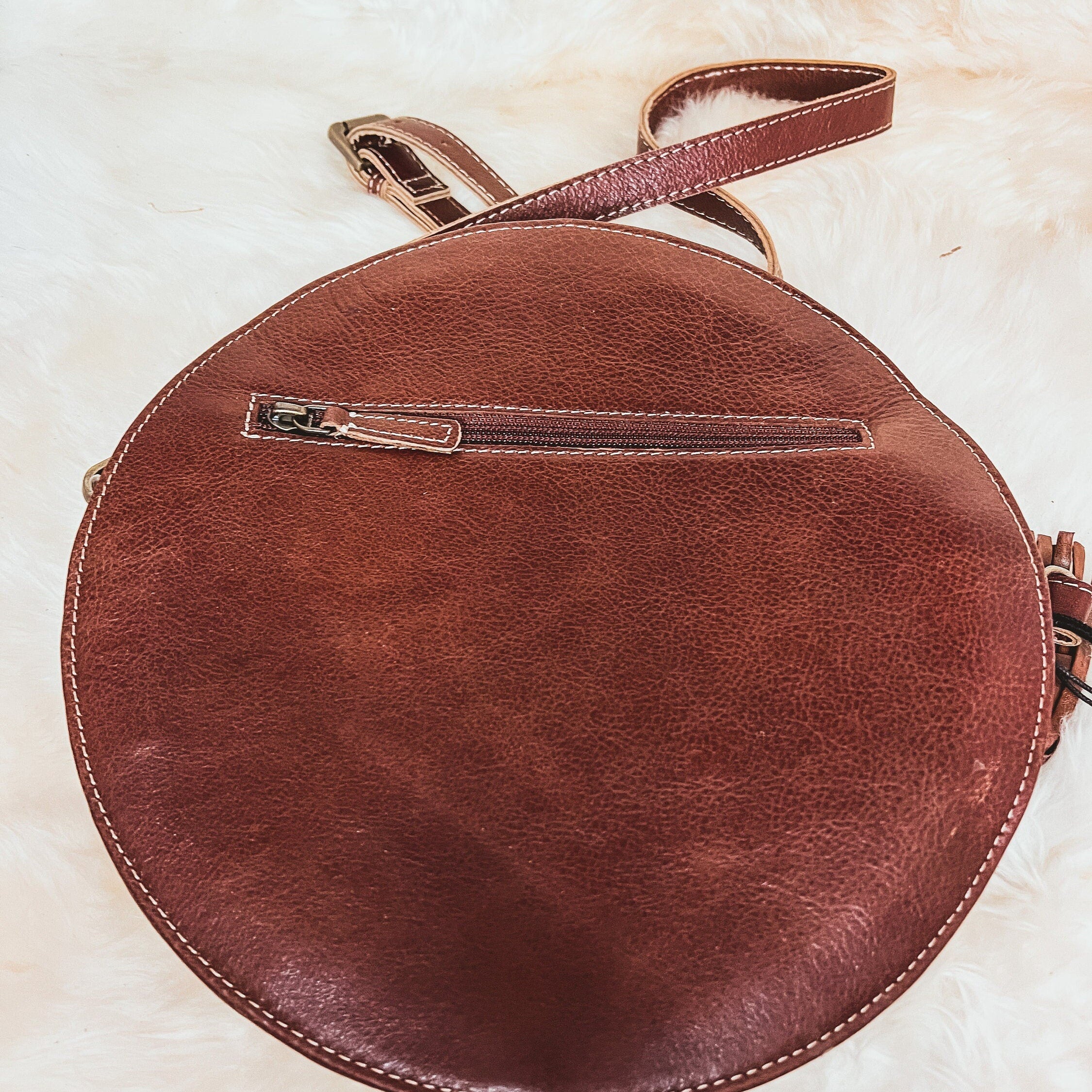 Custom Branded Cowhide tooled Leather Western Daisy with white whipstitch Round Crossbody Purse Initials Monogram Farm or Cow Brand