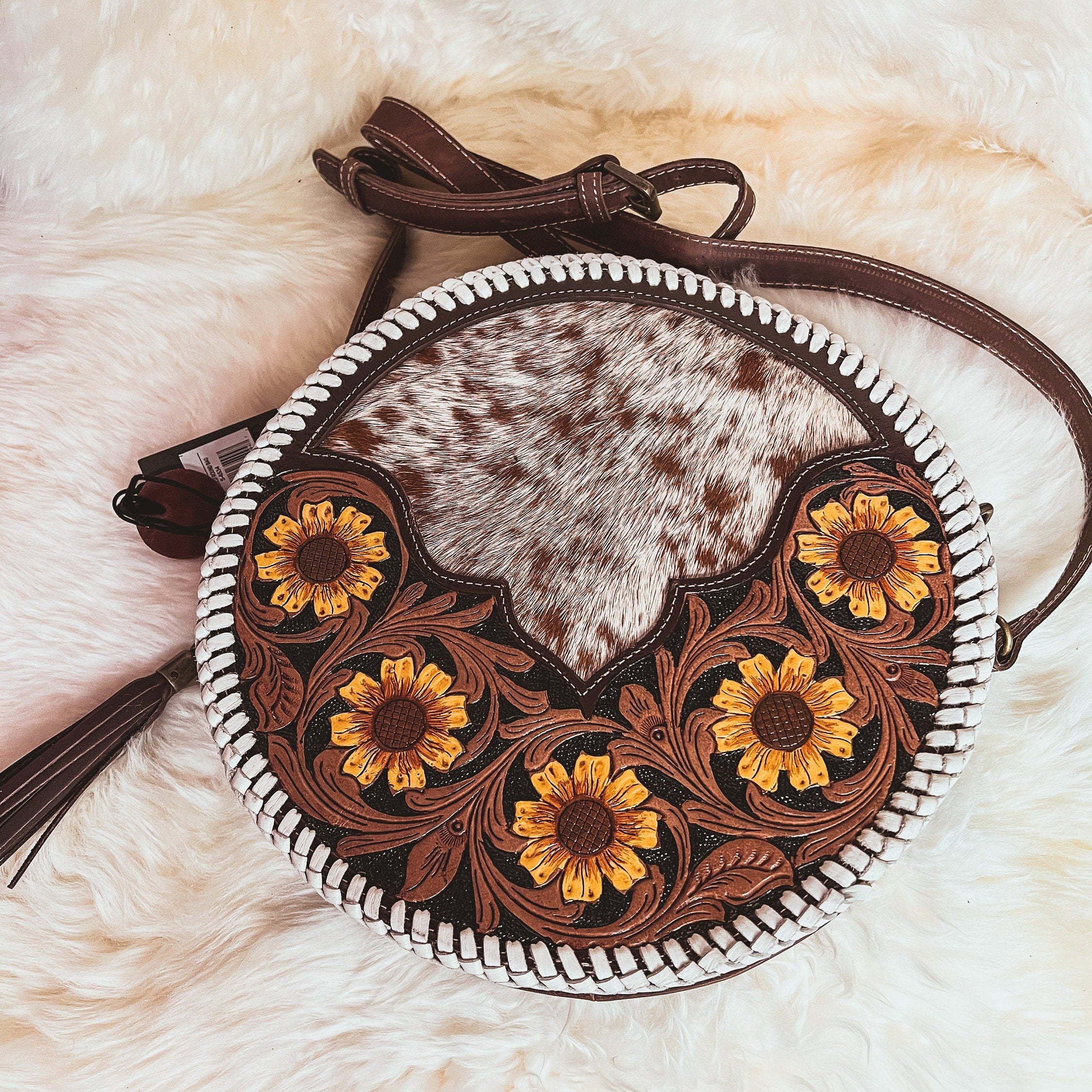 Custom Branded Cowhide tooled Leather Western Daisy with white whipstitch Round Crossbody Purse Initials Monogram Farm or Cow Brand