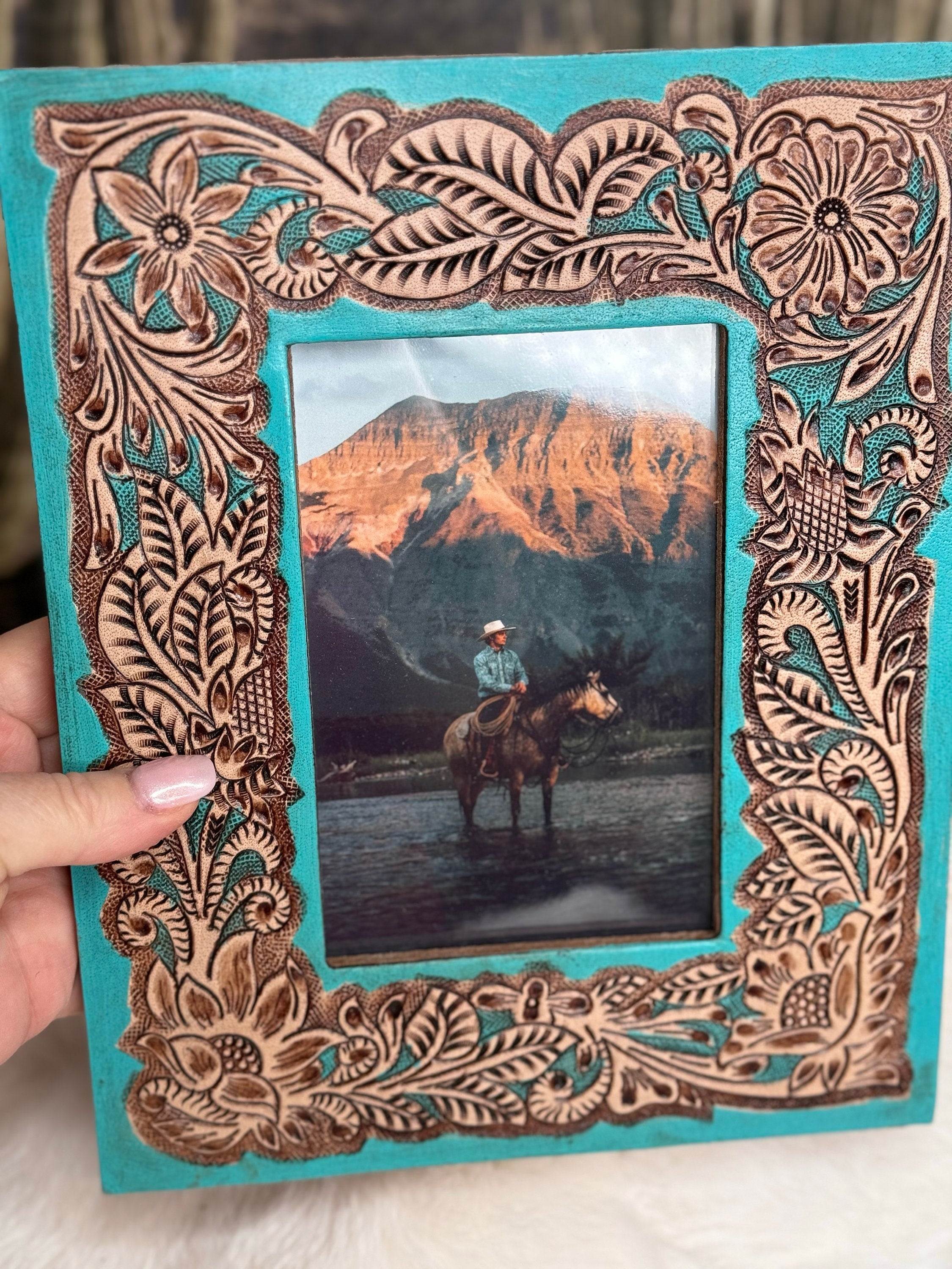 Turquoise Tooled Leather Photo Frame Western Cowgirl Cowboy Wedding, Christmas, Graduation Gift Bridal Shower New Baby Mothers Fathers Day